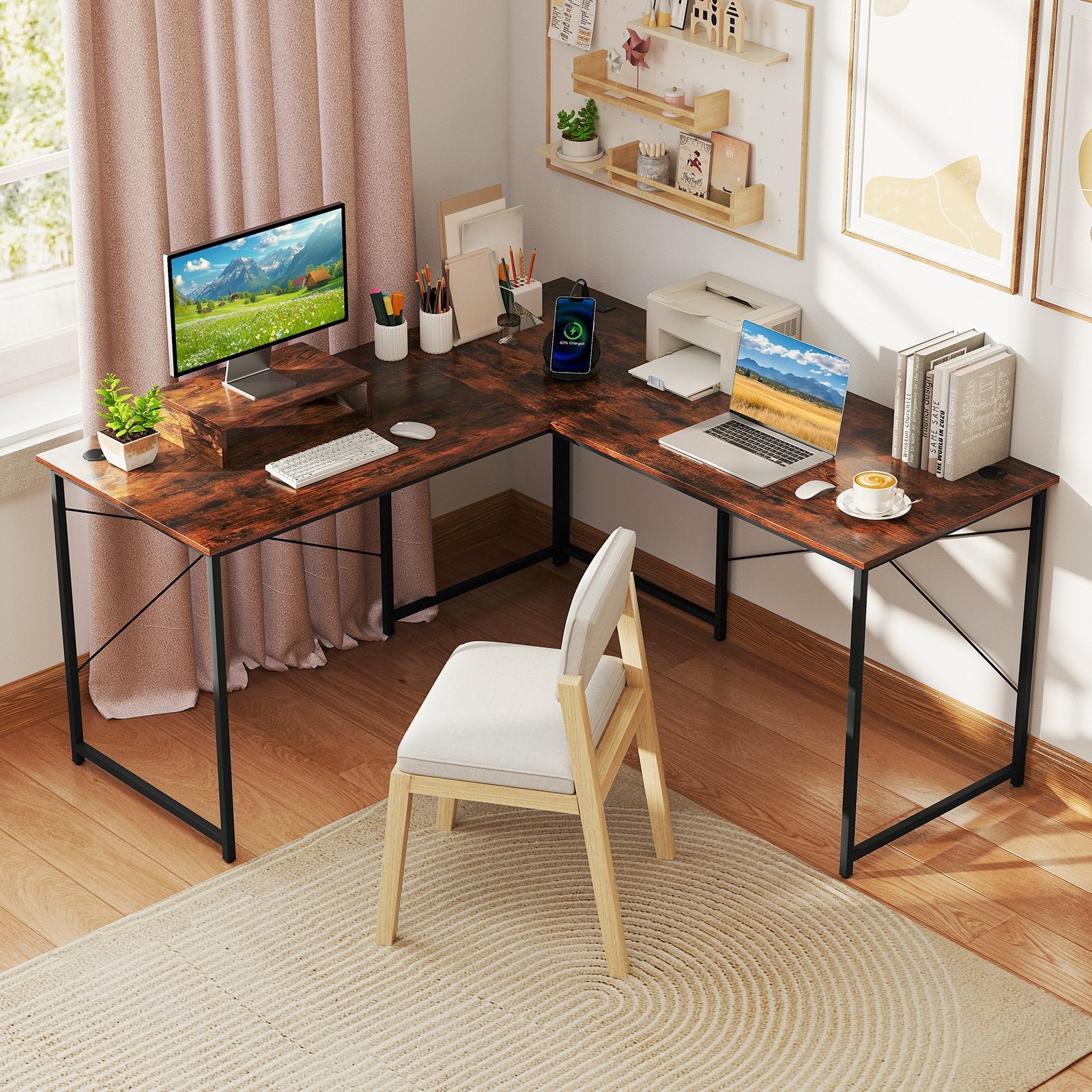 95 Inch 2-Person L-Shaped Long Reversible Computer Desk with Monitor Stand-Black