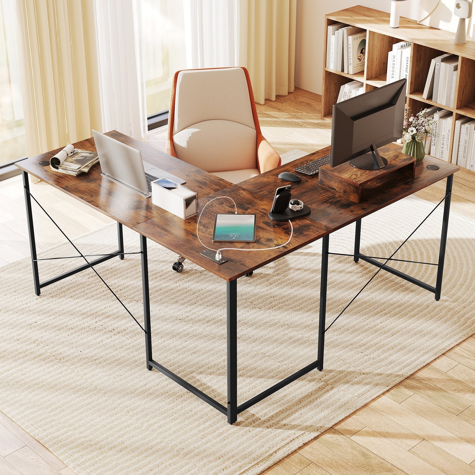 95 Inch 2-Person L-Shaped Long Reversible Computer Desk with Monitor Stand-Black