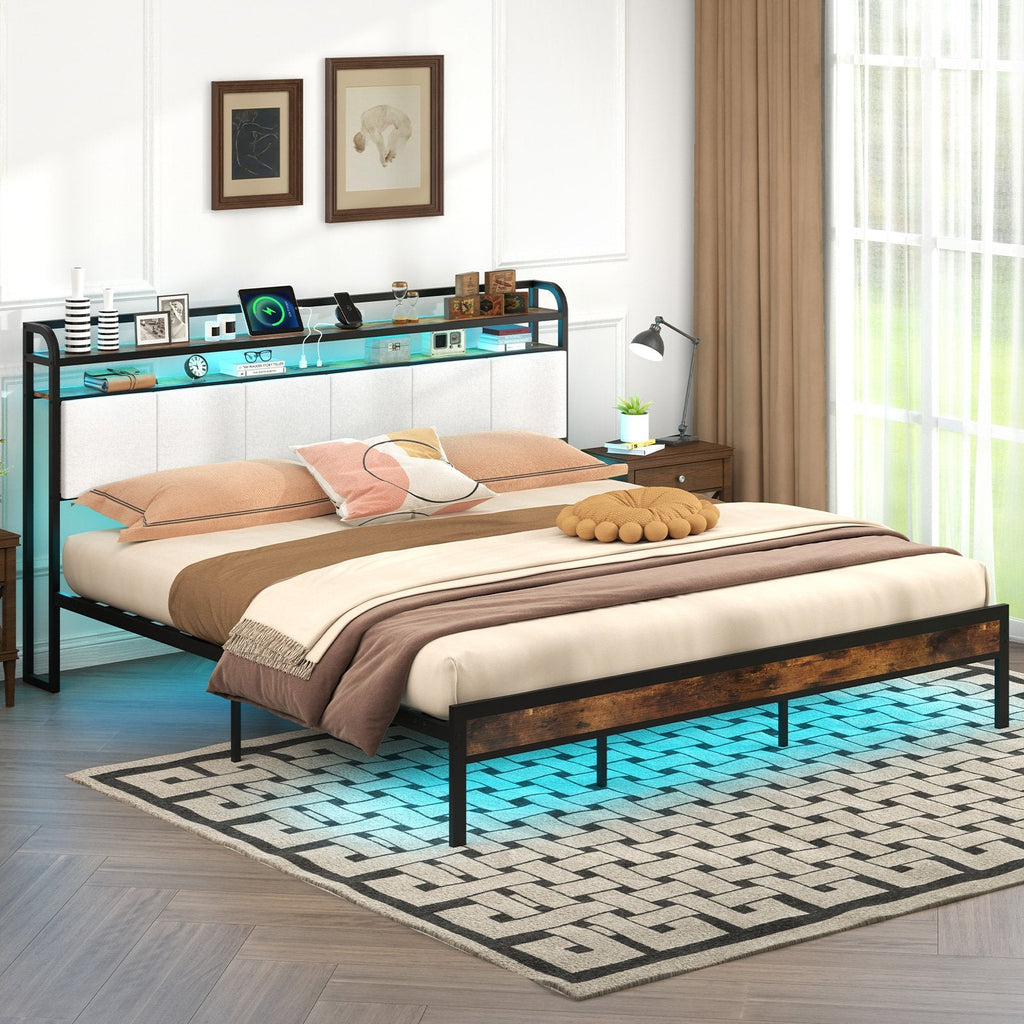 Twin/Full/Queen/King Size Bed Frame with LED Light and Charging Station-Twin Size