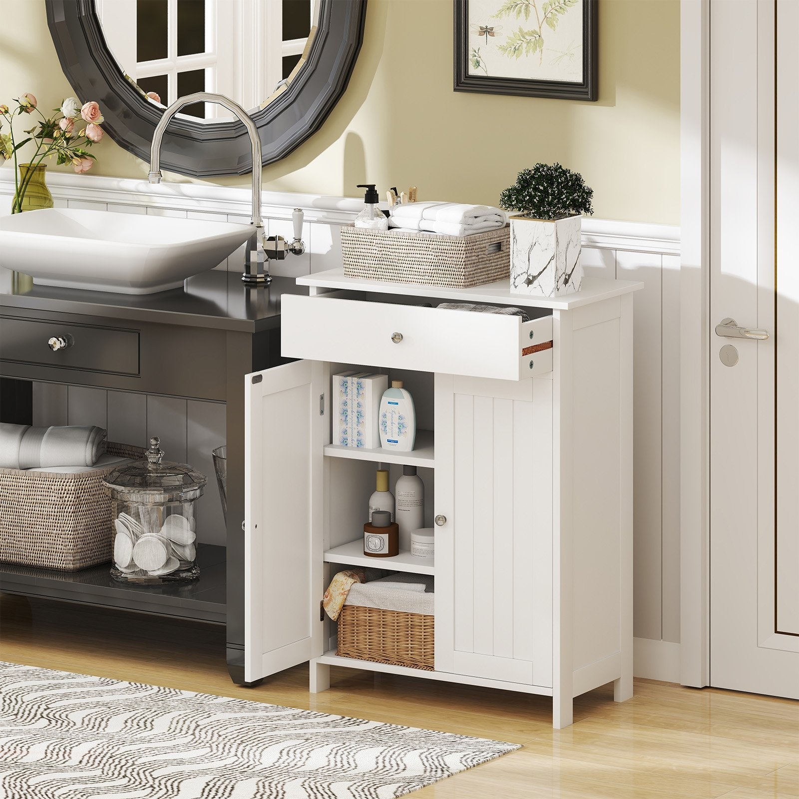 Bathroom Floor Cabinet Freestanding Storage Organizer with 2 Doors-Black