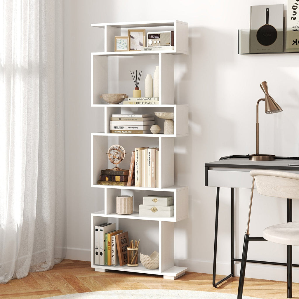 6-Tier Geometric Bookshelf with 2 Anti-Tipping Kits for Home Office-Black