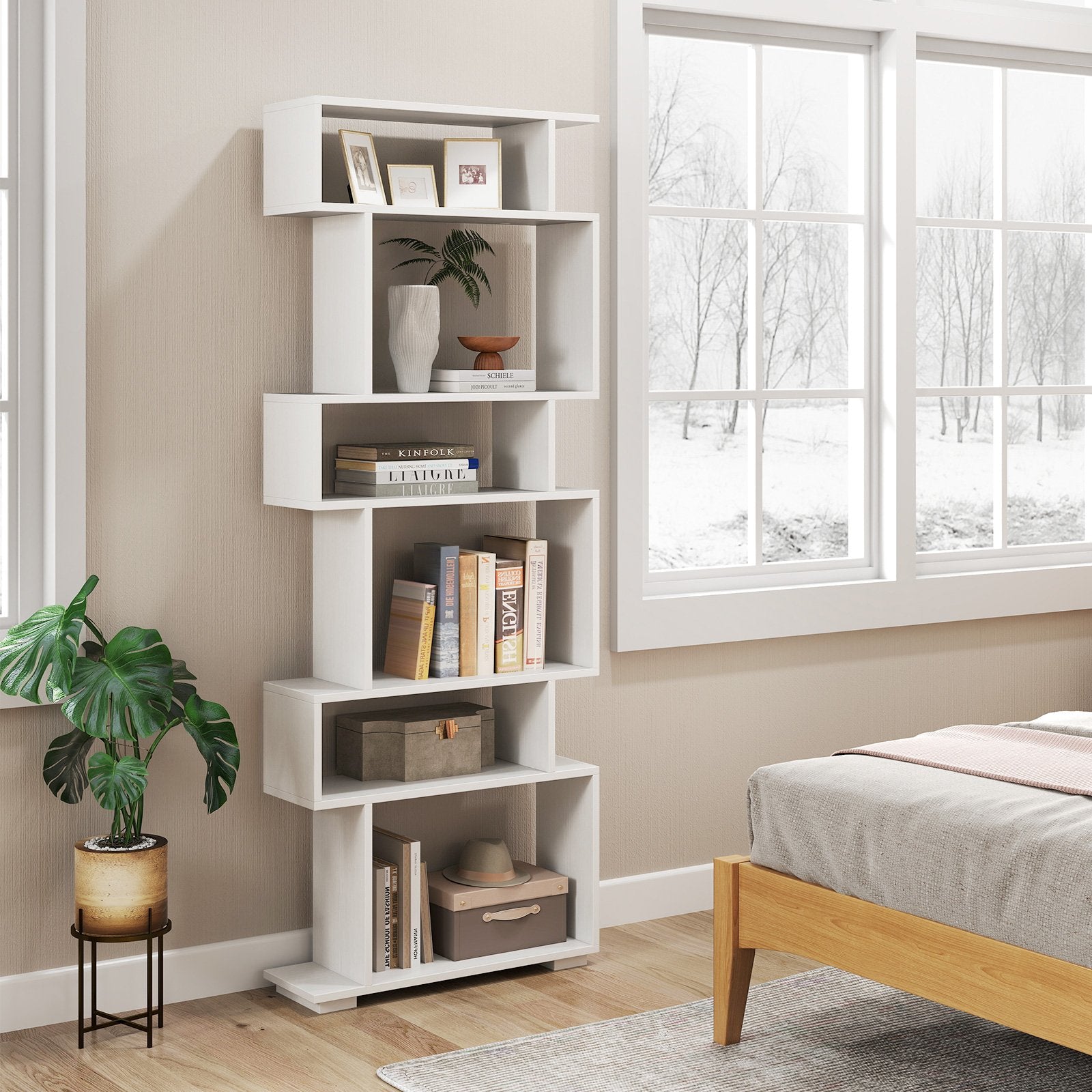 6-Tier Geometric Bookshelf with 2 Anti-Tipping Kits for Home Office-Black