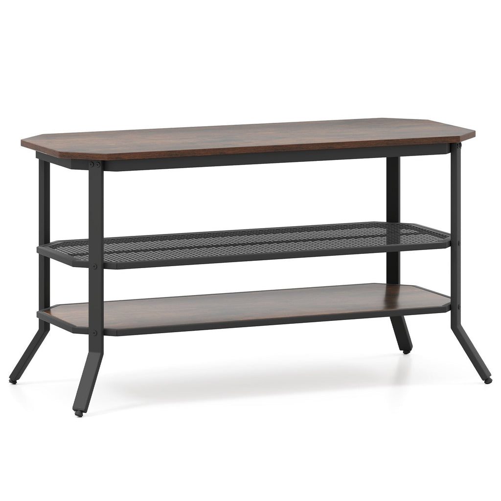 3-tier Console Table TV Stand with Mesh Storage Shelf-Rustic Brown