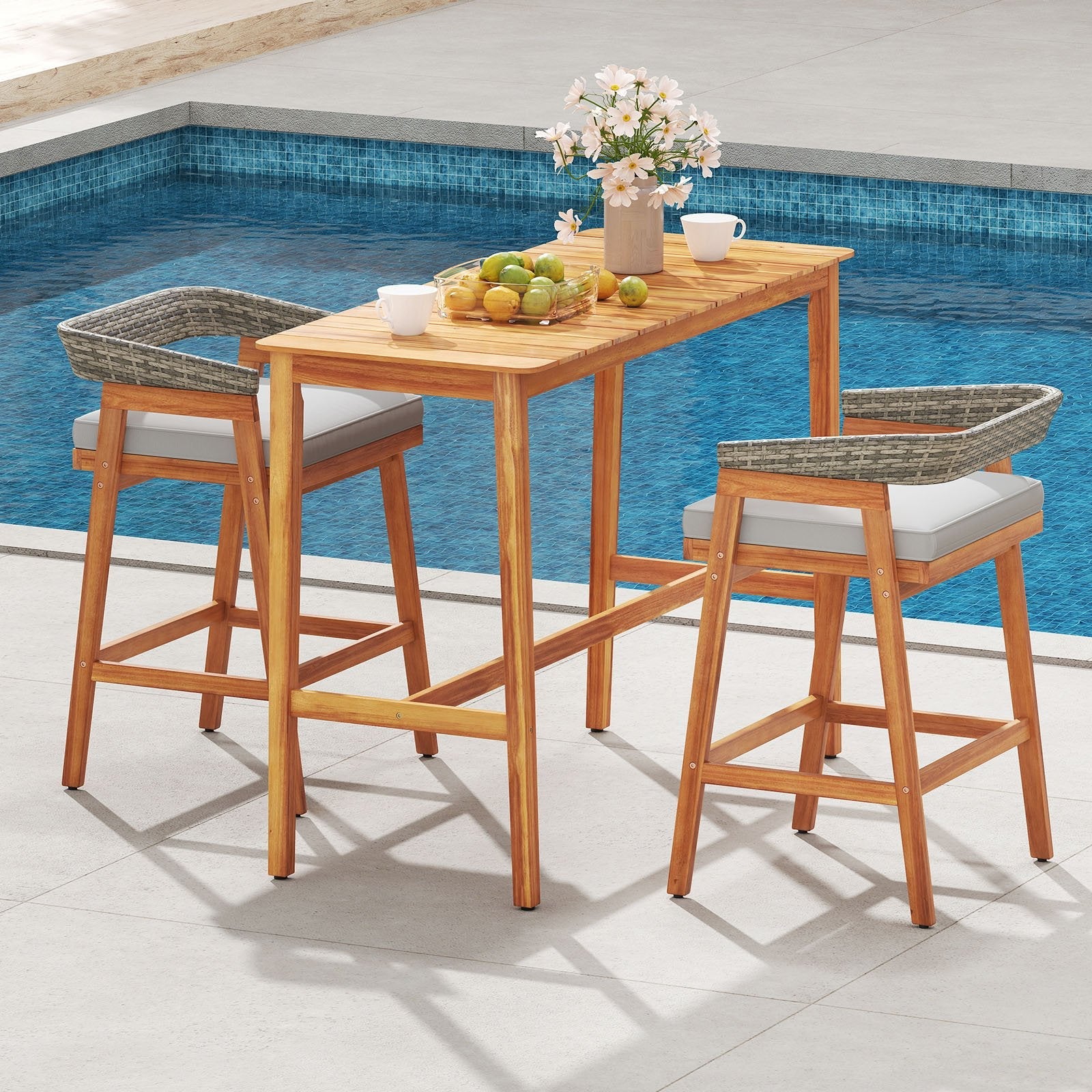 Acacia Wood Counter Height Table with Slatted Tabletop and Footrest Crossbar