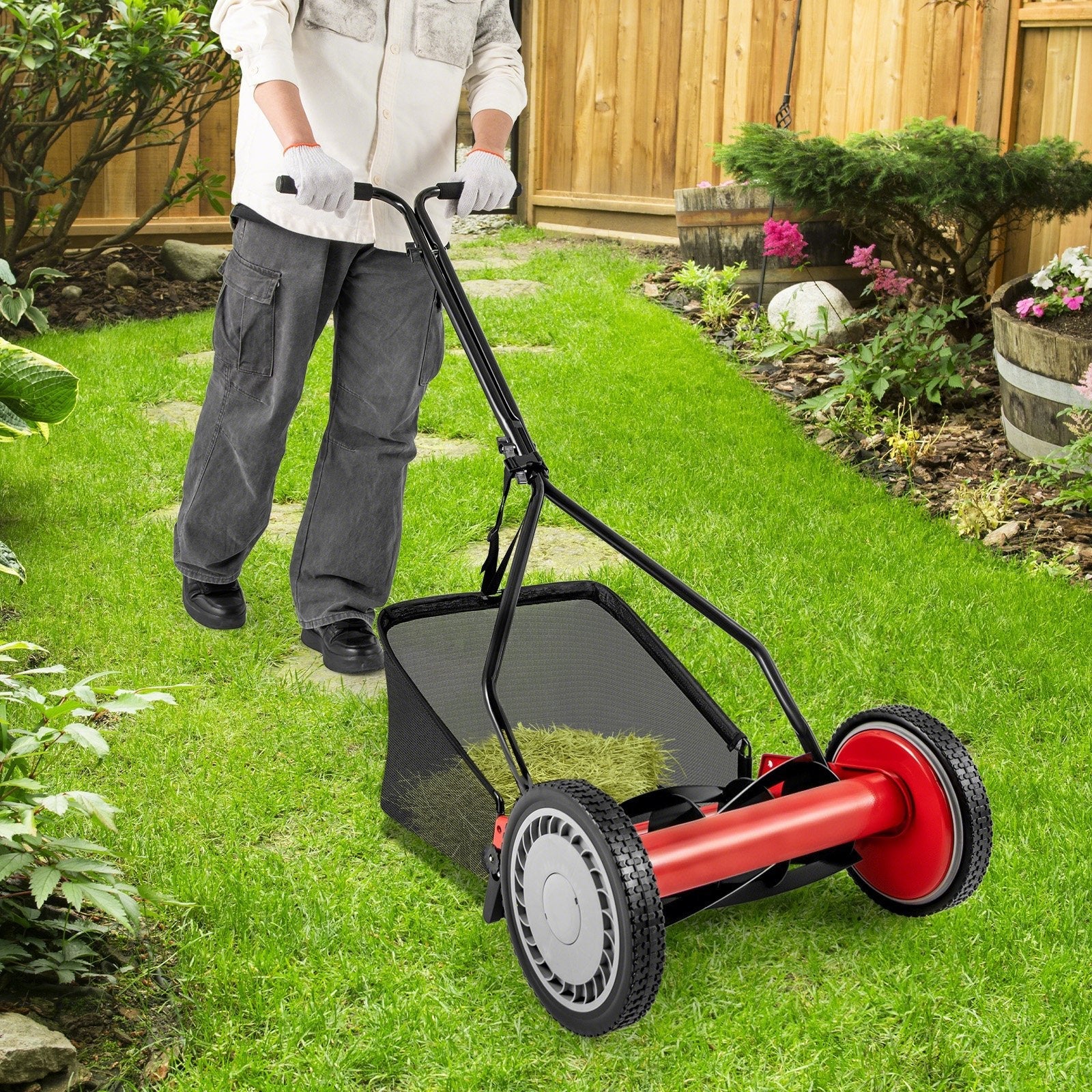 14 Inch Push Lawn Mower with 5 Steel Blades and Grass Catcher Bag-Green