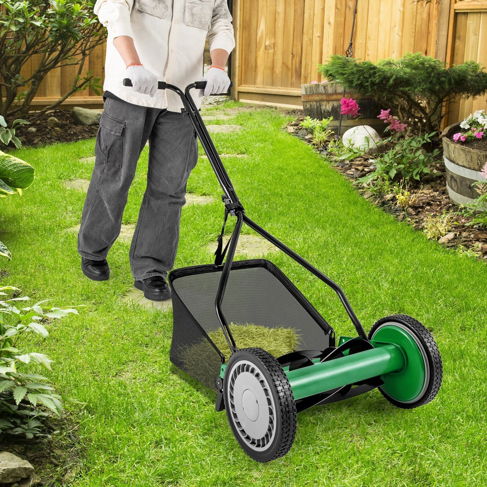 14 Inch Push Lawn Mower with 5 Steel Blades and Grass Catcher Bag-Green