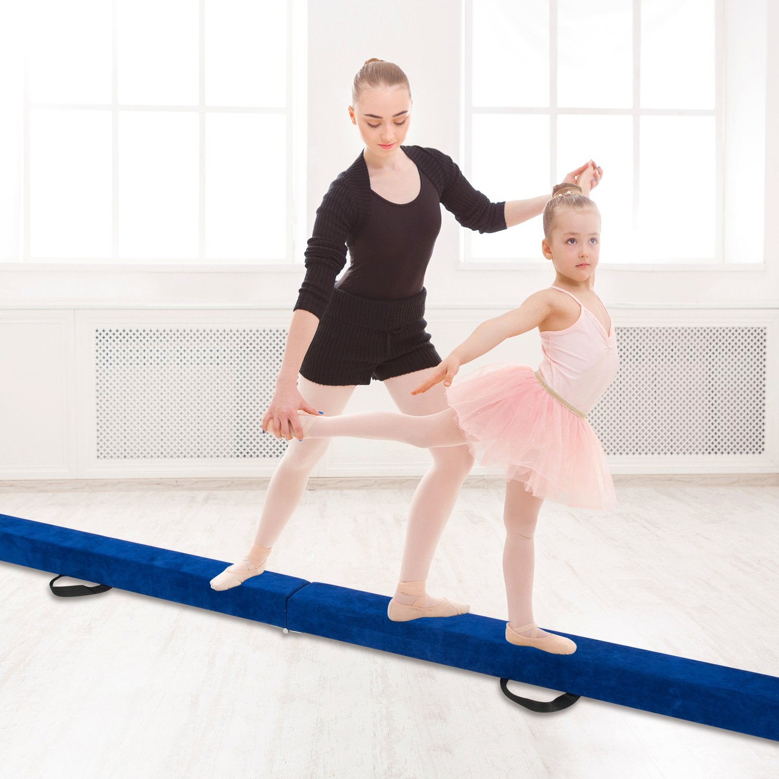 9 FT Folding Gymnastics Balance Beam with Anti-slip Base and Pine Wood Frame-Blue