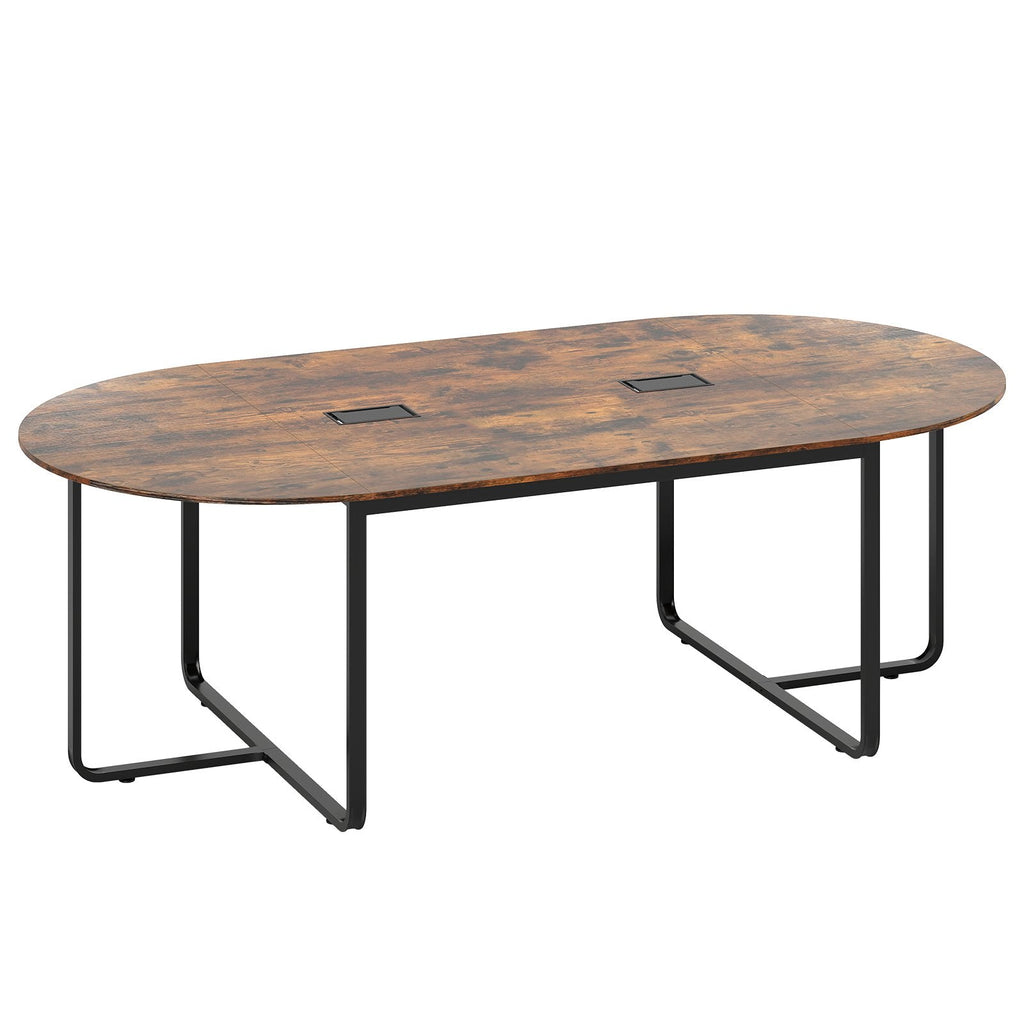 95 Inches Oval Conference Industrial Executive Table with Dual Cable Holes-Rustic Brown