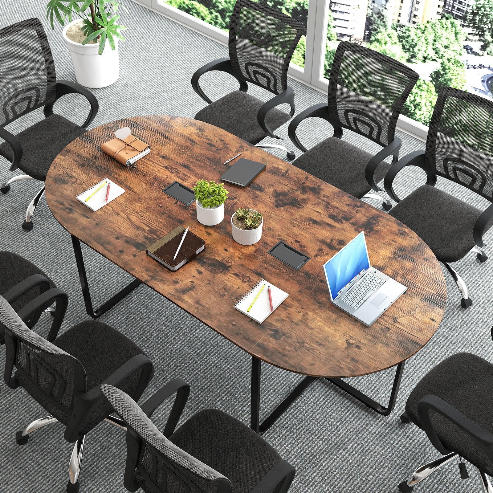 95 Inches Oval Conference Industrial Executive Table with Dual Cable Holes-Rustic Brown