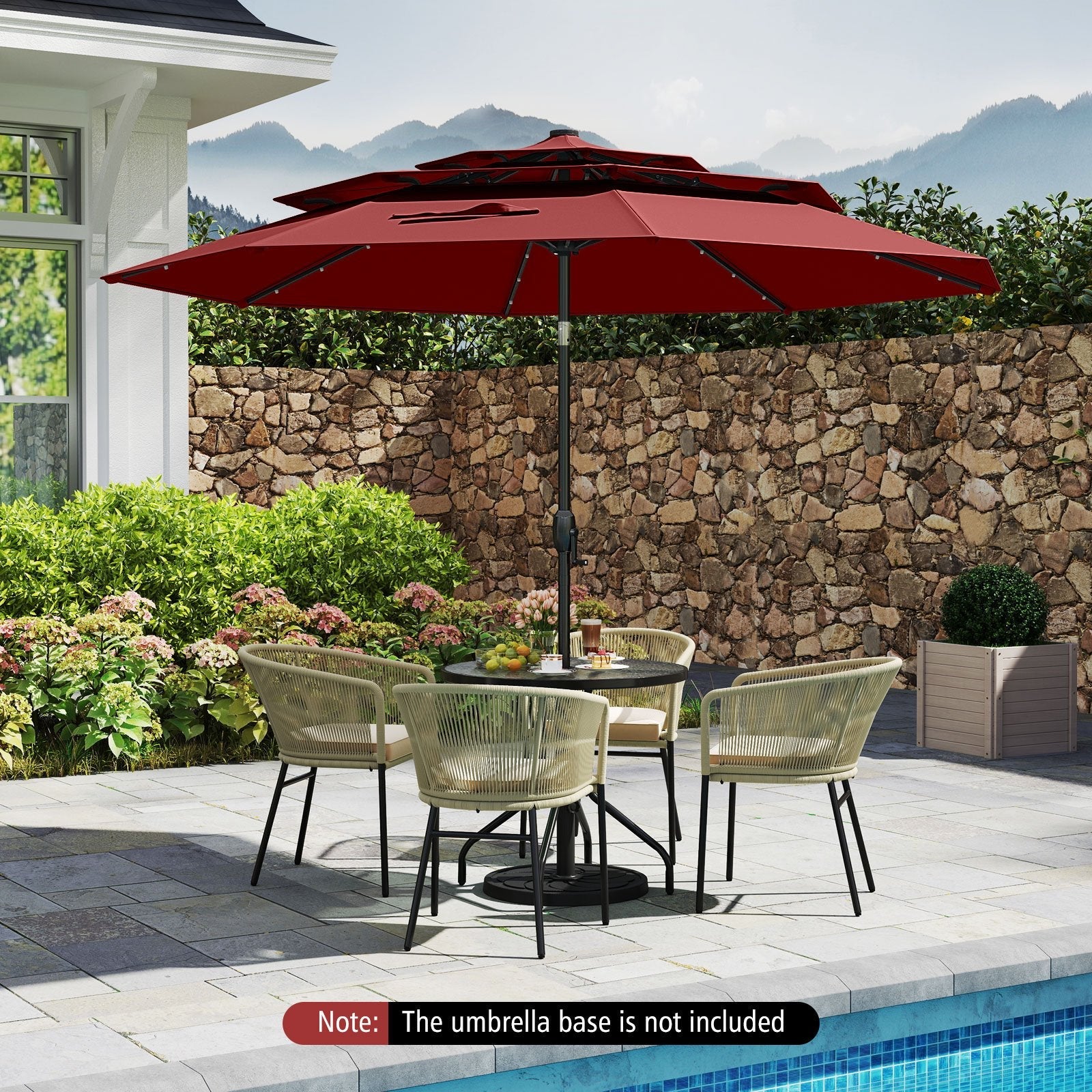 10 Feet Solar Patio Umbrella with 32 LED Lights 3-Tier Vented Top-Beige
