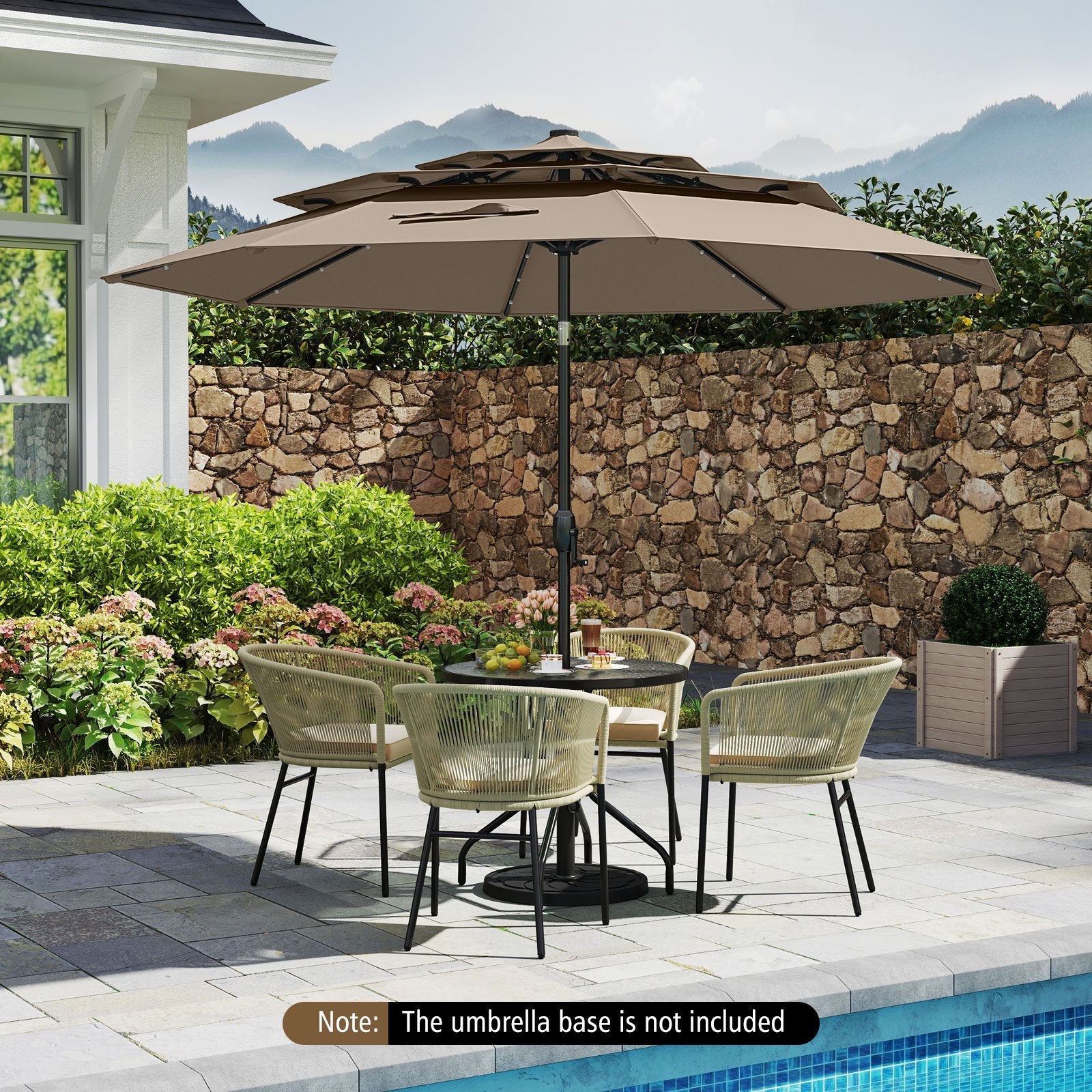 10 Feet Solar Patio Umbrella with 32 LED Lights 3-Tier Vented Top-Beige