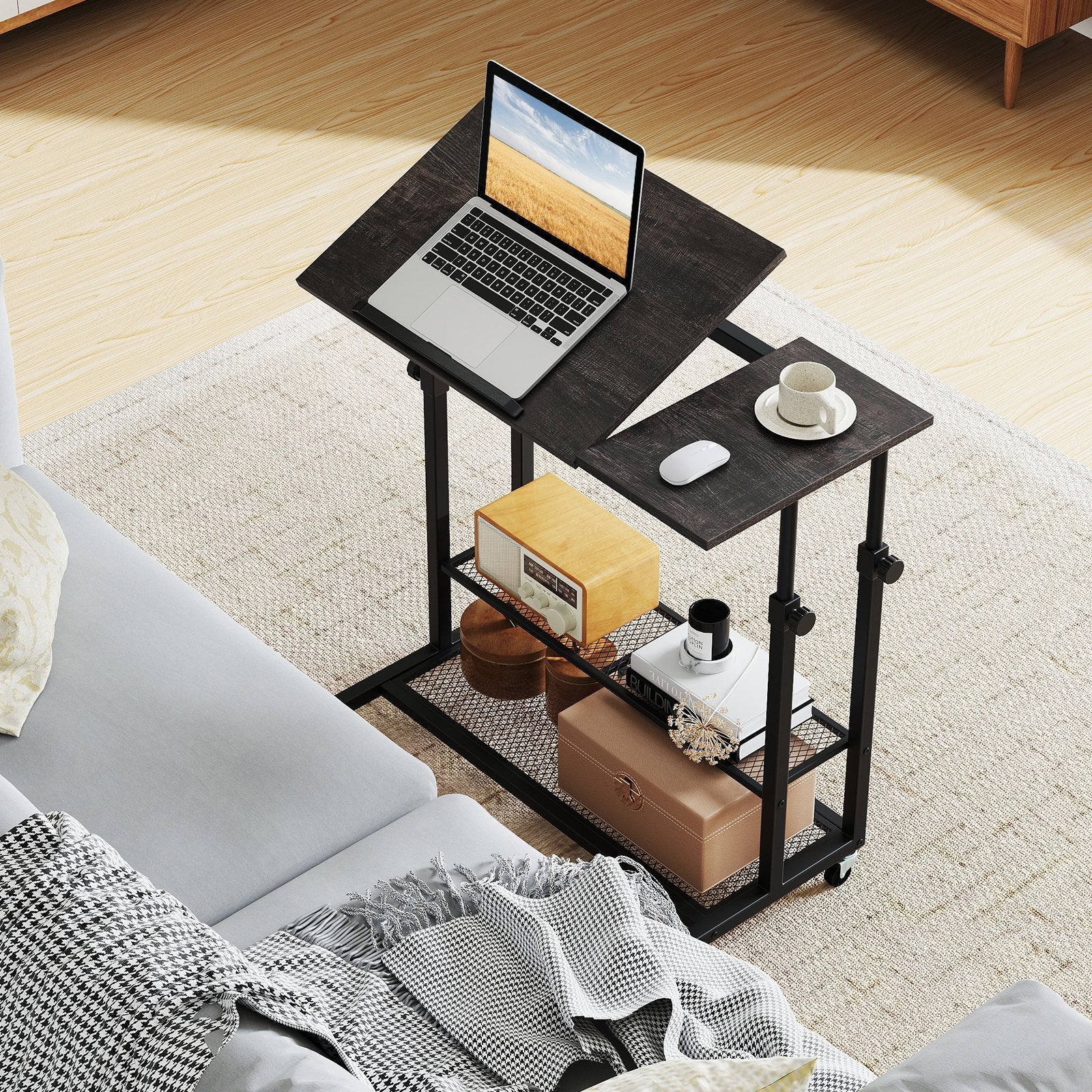 Mobile Stand up Desk Height Adjustable Standing Table with Tilting Tabletop-Oak