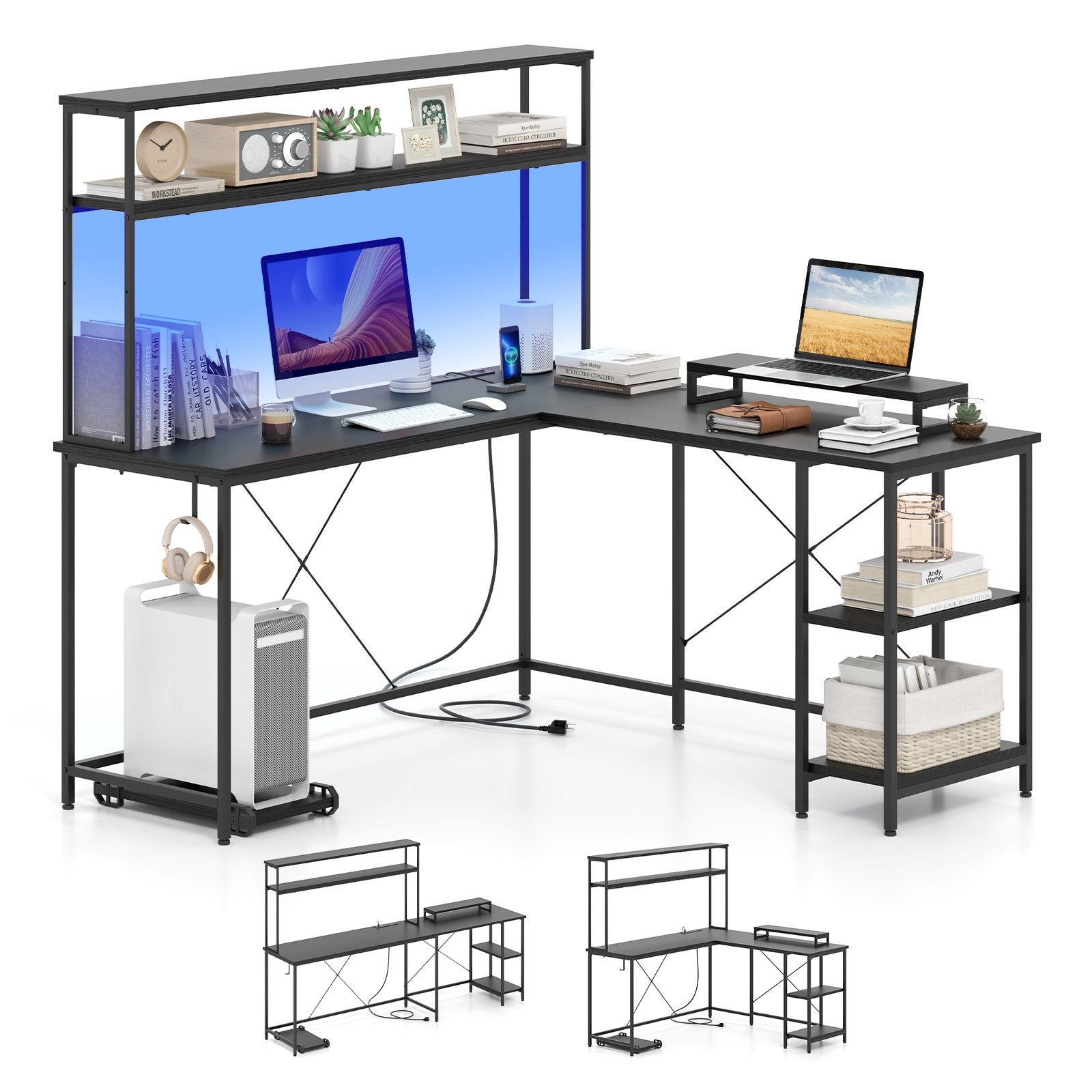 L-Shaped Reversible Gaming Desk with LED Strip and Power Outlets Hutch Monitor Stand-Black
