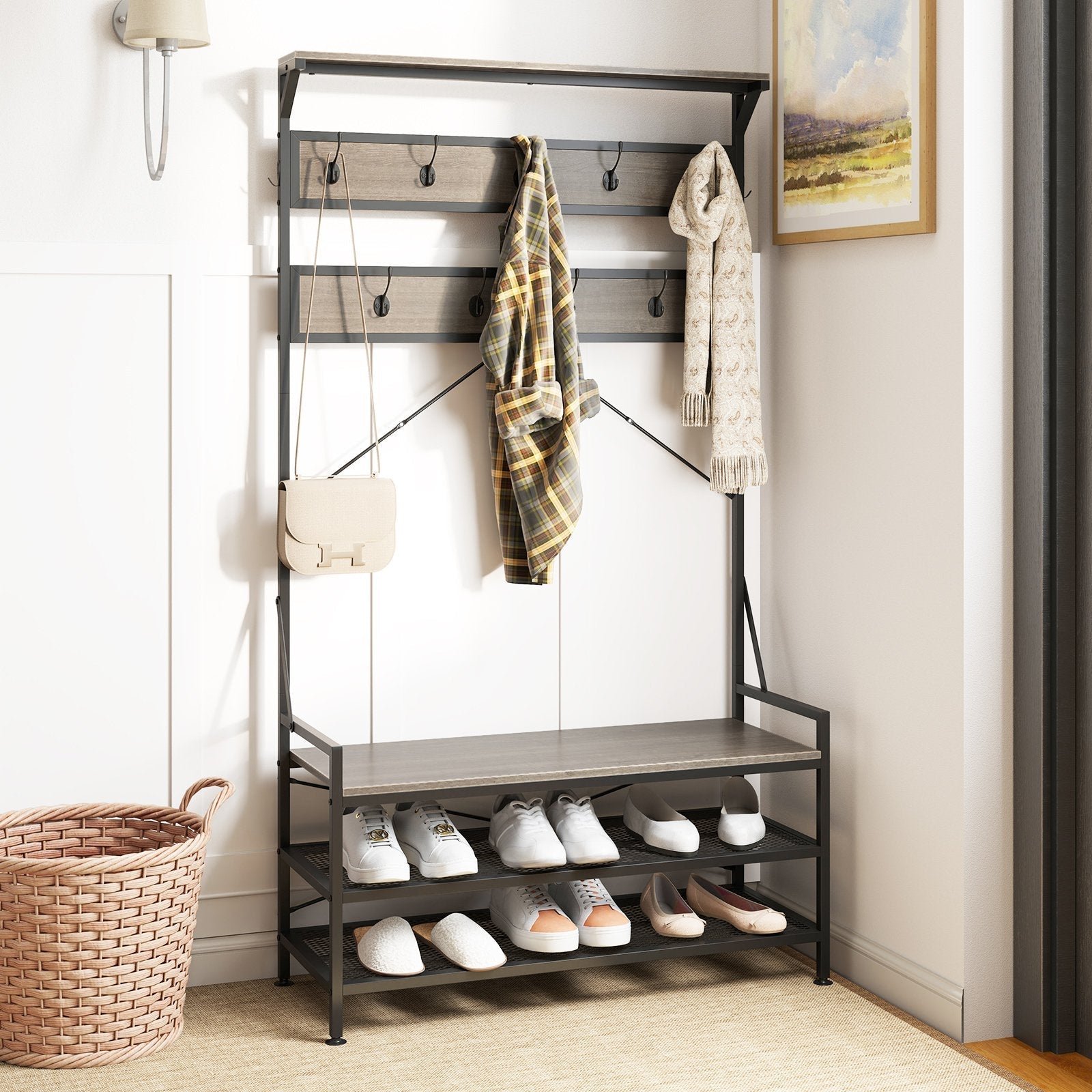 Coat Rack 4-In-1 Hall Tree with 11 Hanging Hooks Shoe Bench-Gray