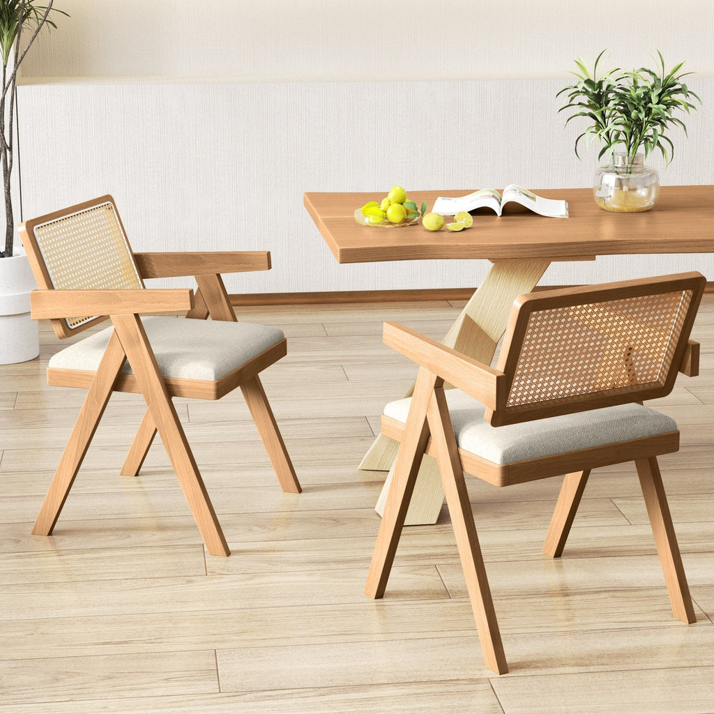 Set of 2 Rattan Accent Chairs with Padded Cushion and Rubber Wood Frame-Beige