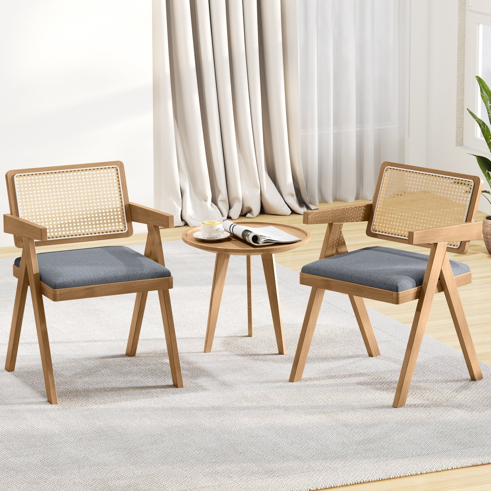Set of 2 Rattan Accent Chairs with Padded Cushion and Rubber Wood Frame-Beige