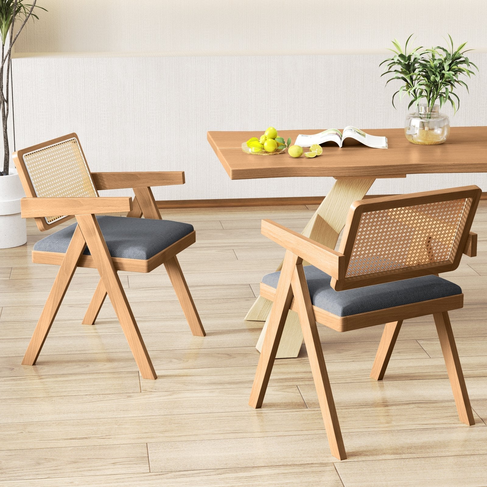 Set of 2 Rattan Accent Chairs with Padded Cushion and Rubber Wood Frame-Beige