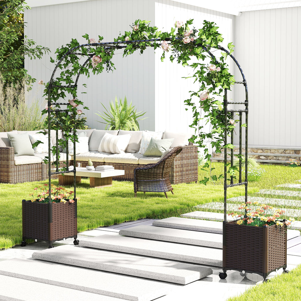 6.6 Feet Garden Arch Trellis with 2 Planter Boxes and Lockable Wheels-Black