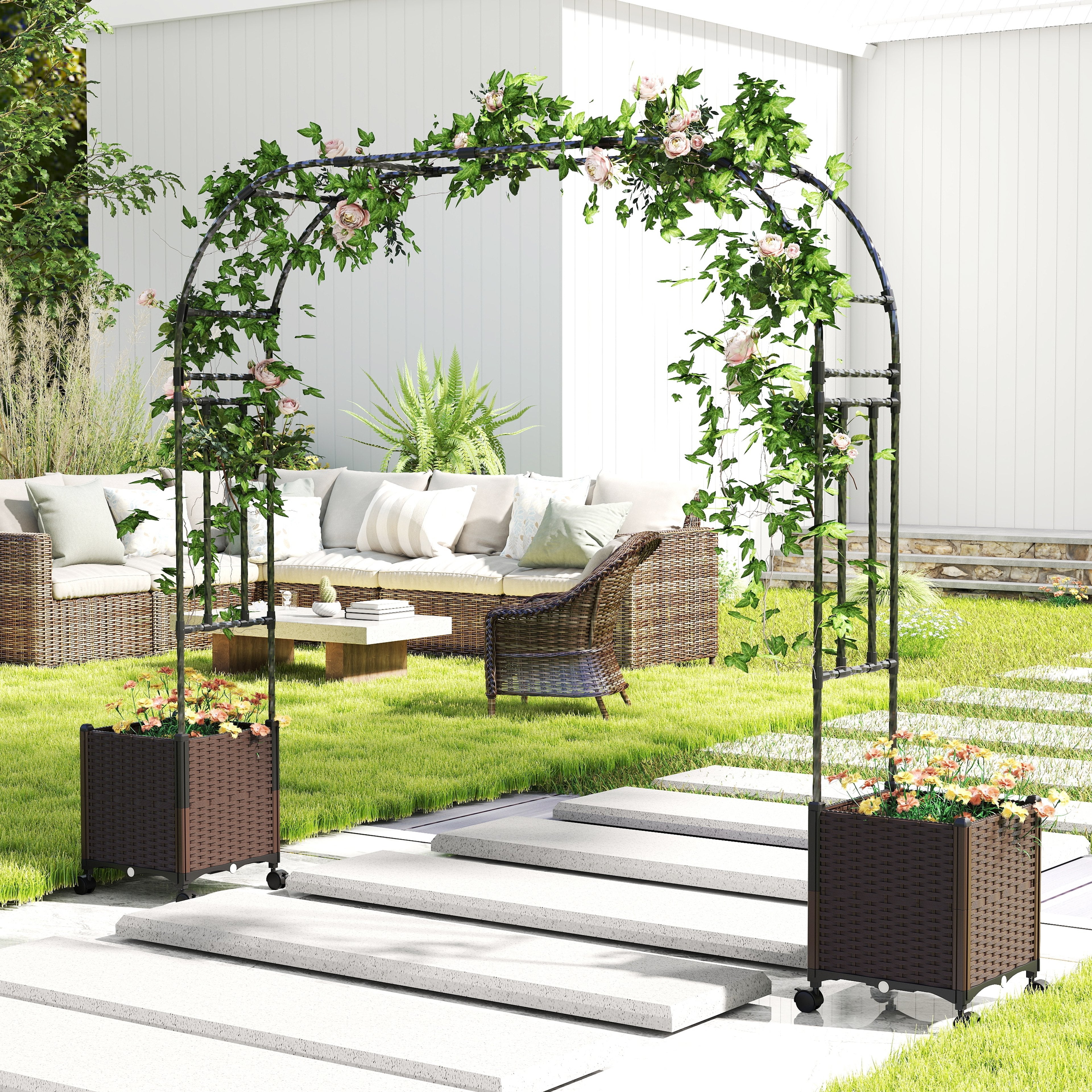 6.6 Feet Garden Arch Trellis with 2 Planter Boxes and Lockable Wheels-Black