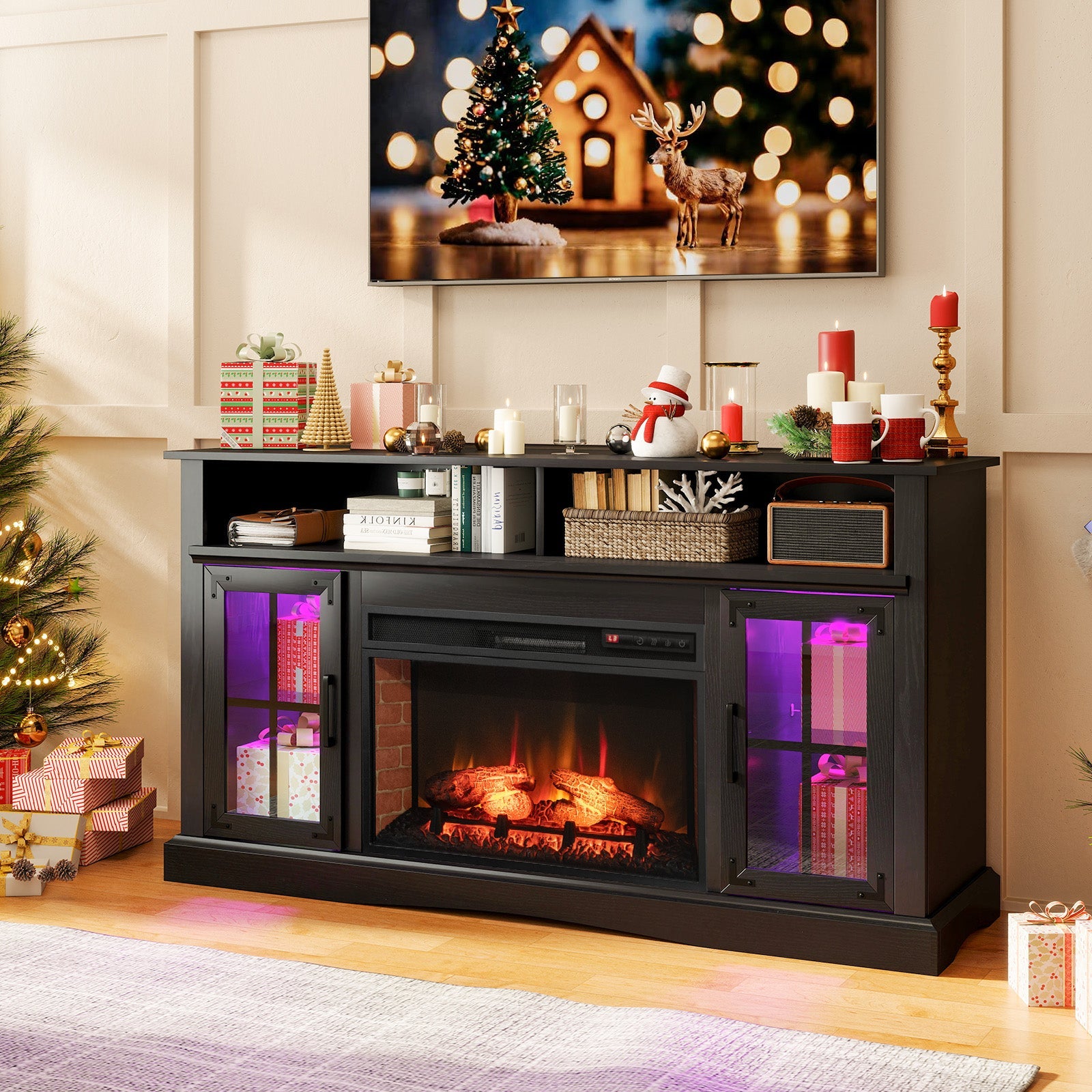 Fireplace TV Stand with Remote Controls and Thermostat for TVs Up to 50 Inch-Black