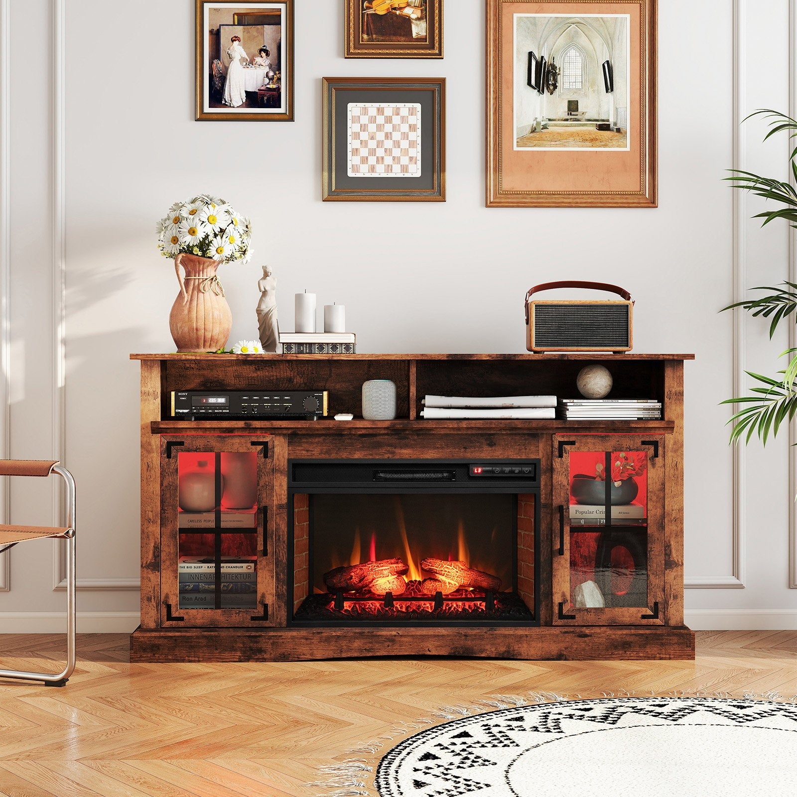 Fireplace TV Stand with Remote Controls and Thermostat for TVs Up to 50 Inch-Black