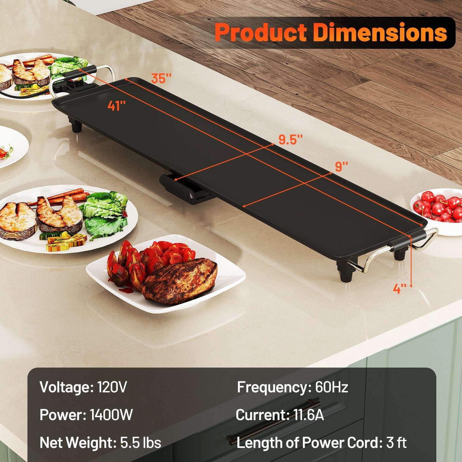 35 Inch Large Electric Griddle Nonstick BBQ Grill with Adjustable Temperature-M