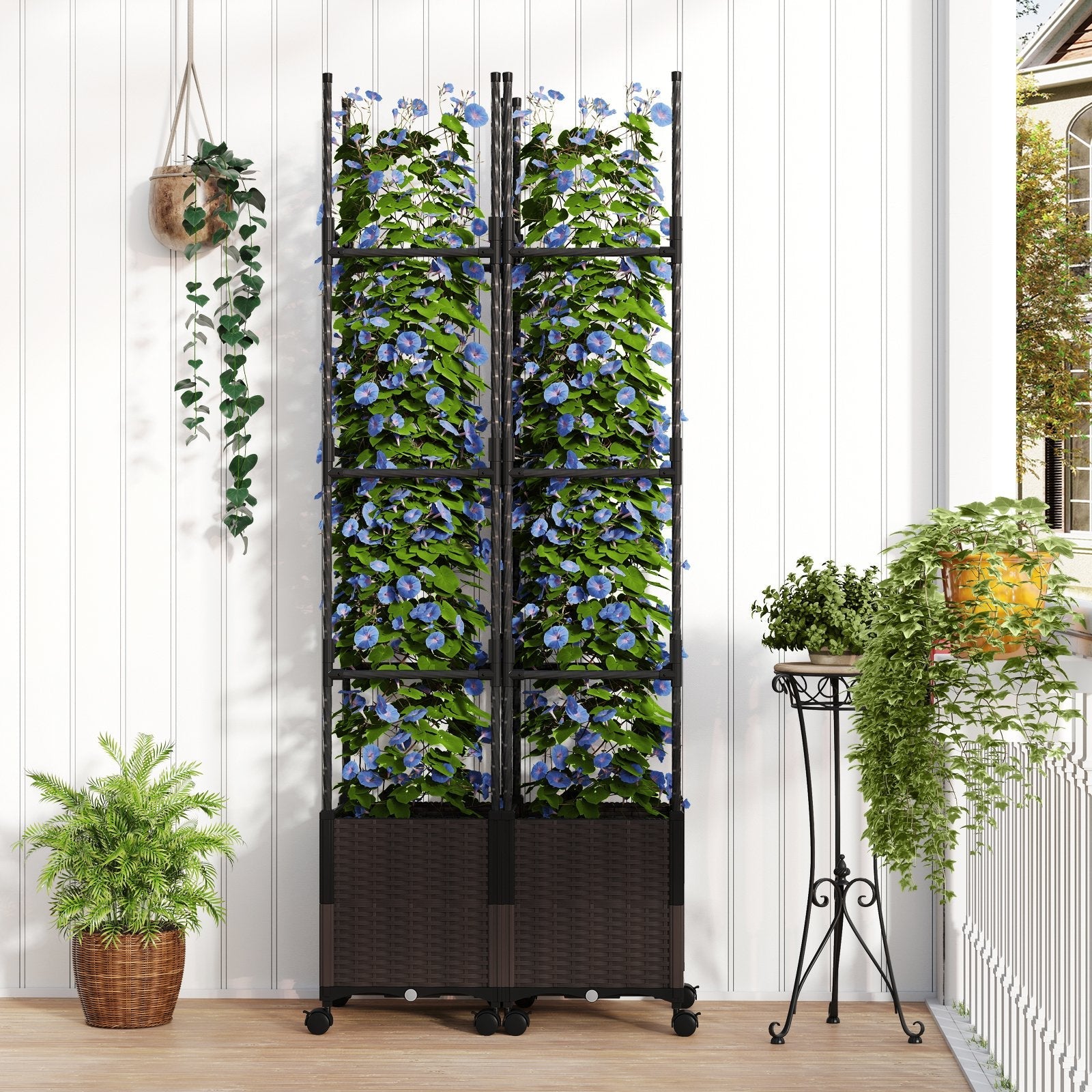87 Inch Tall Raised Garden Bed with Plant Box Trellis and Lockable Wheels Adjustable Height