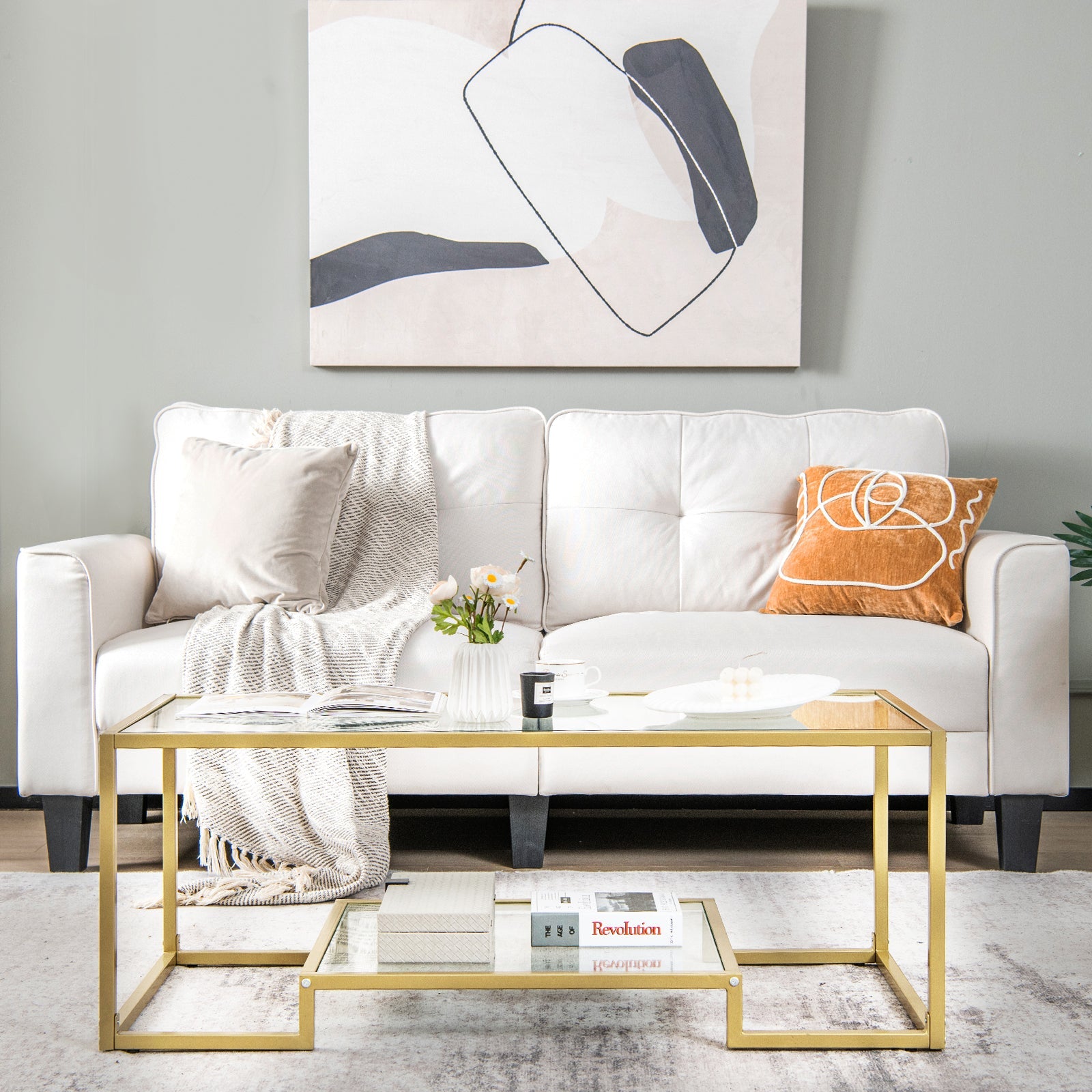 Modern Rectangular Coffee Table with Glass Table Top-Black