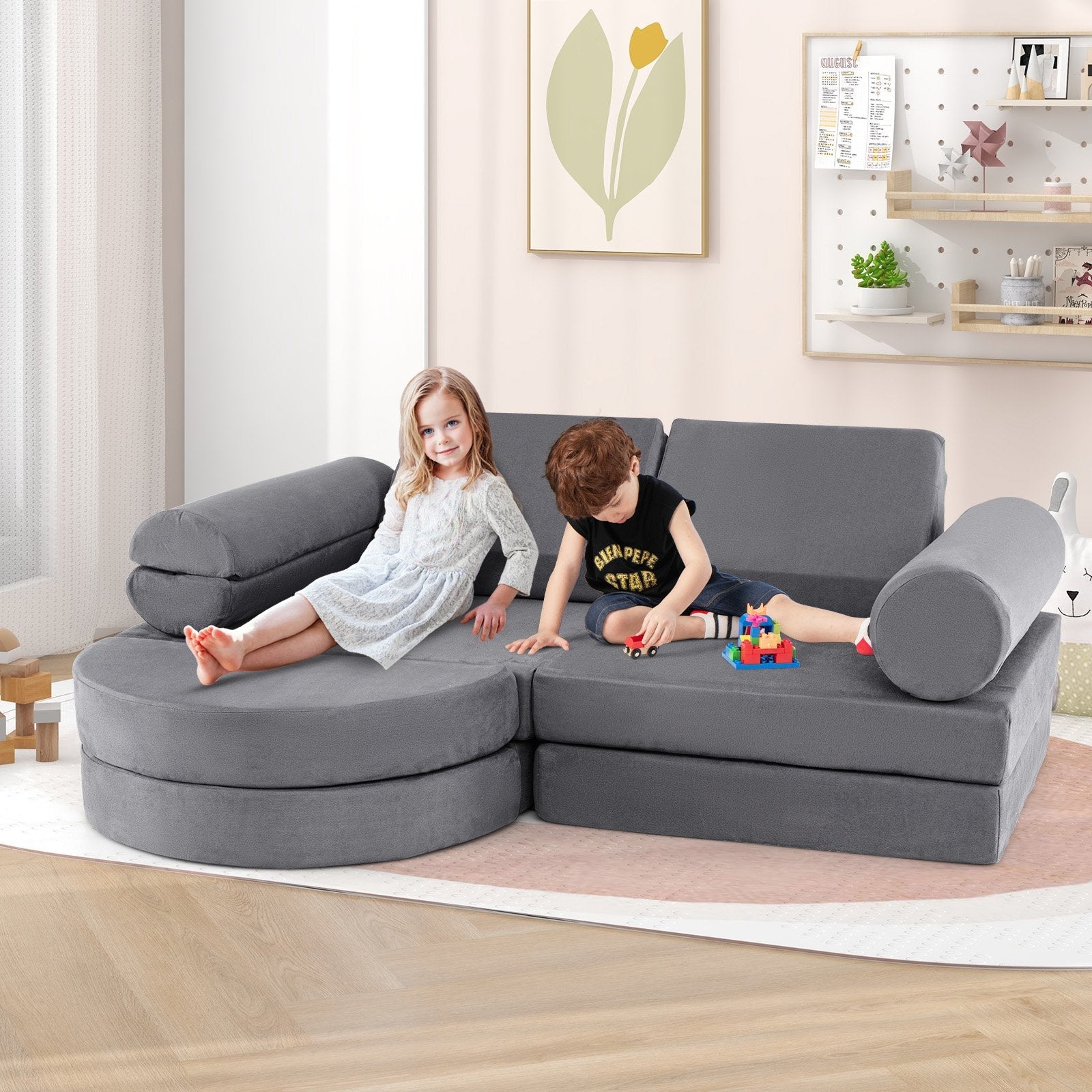 13 Pieces Convertible Modular Kids Play Couch for Nursery Playroom Bedroom-Blue
