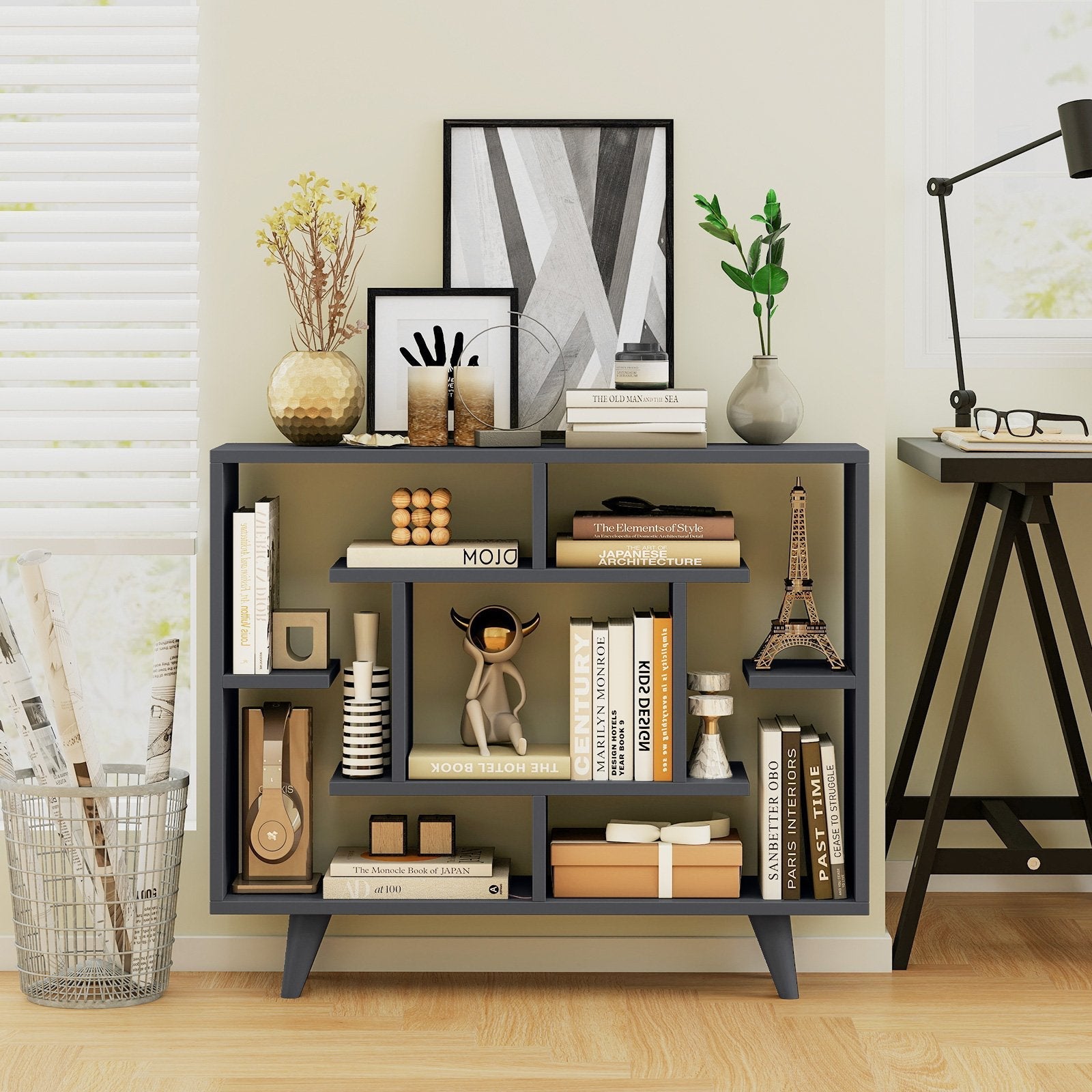 Geometric Bookcase with Anti-Tipping Kit and Storage Shelving Unit-Black