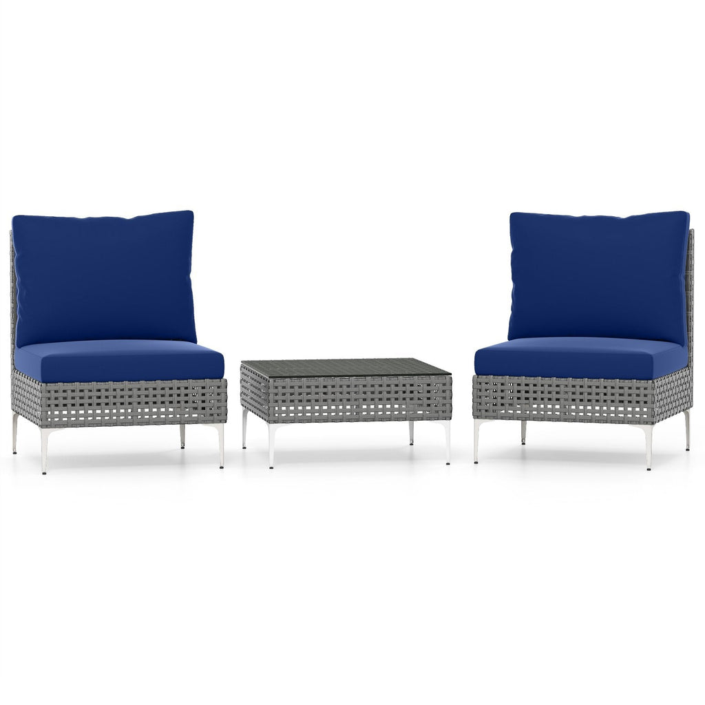 3 Pieces PE Rattan Conversation Chairs with Tempered Glass Coffee Table for Garden Porch-Navy