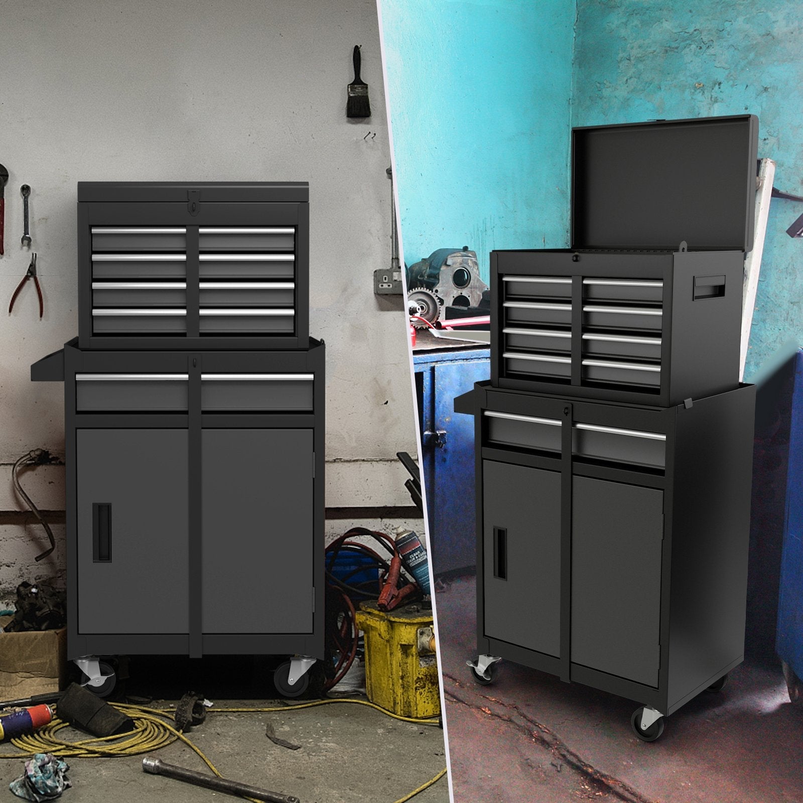 2-in-1 Tool Chest and Cabinet with 5 Sliding Drawers-Black