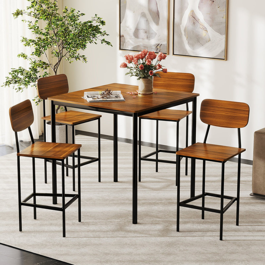 5 Pieces Industrial Dining Table Set with Counter Height Table and 4 Bar Stools-Coffee