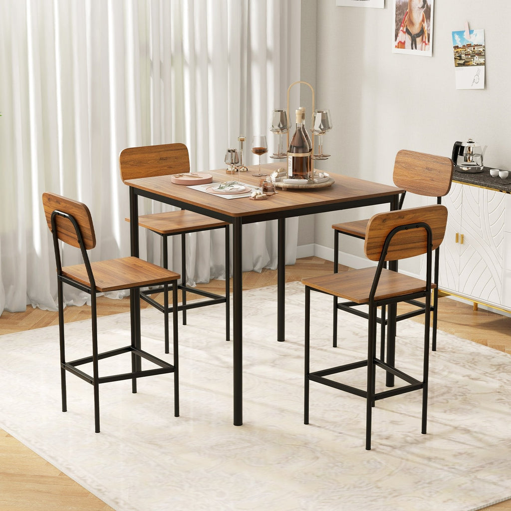 5 Pieces Industrial Dining Table Set with Counter Height Table and 4 Bar Stools-Coffee