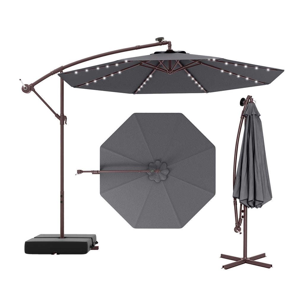 10 Ft Patio Umbrella Offset Cantilever Umbrella with 40 Solar Powered Lights-Gray