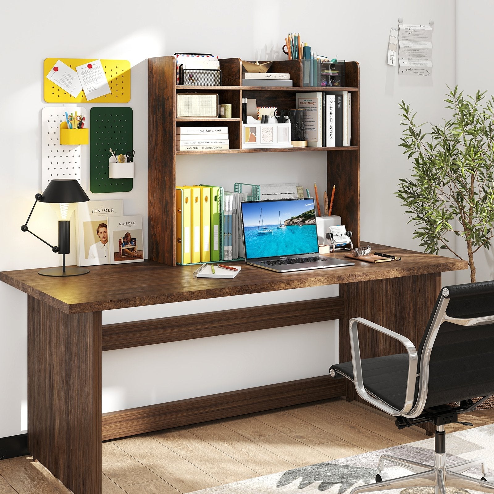 Desktop Bookshelf Countertop Storage Hutch with 6 Shelves-Natural