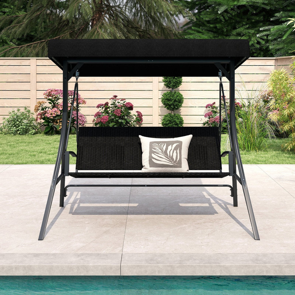 3-Person Porch Swing with Stand Outdoor Canopy Swing with Rattan Seat Back-Black