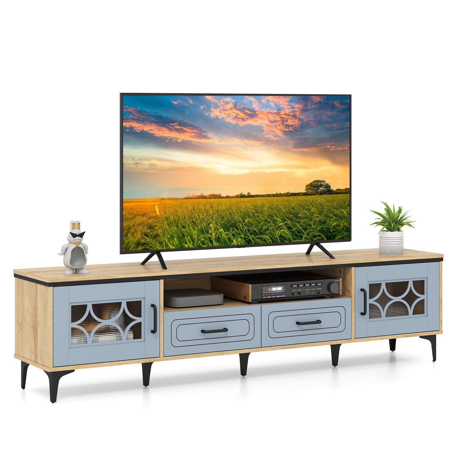 Farmhouse TV Stand for TVs up to 80 Inch with 2 Drawers-Oak and Gray