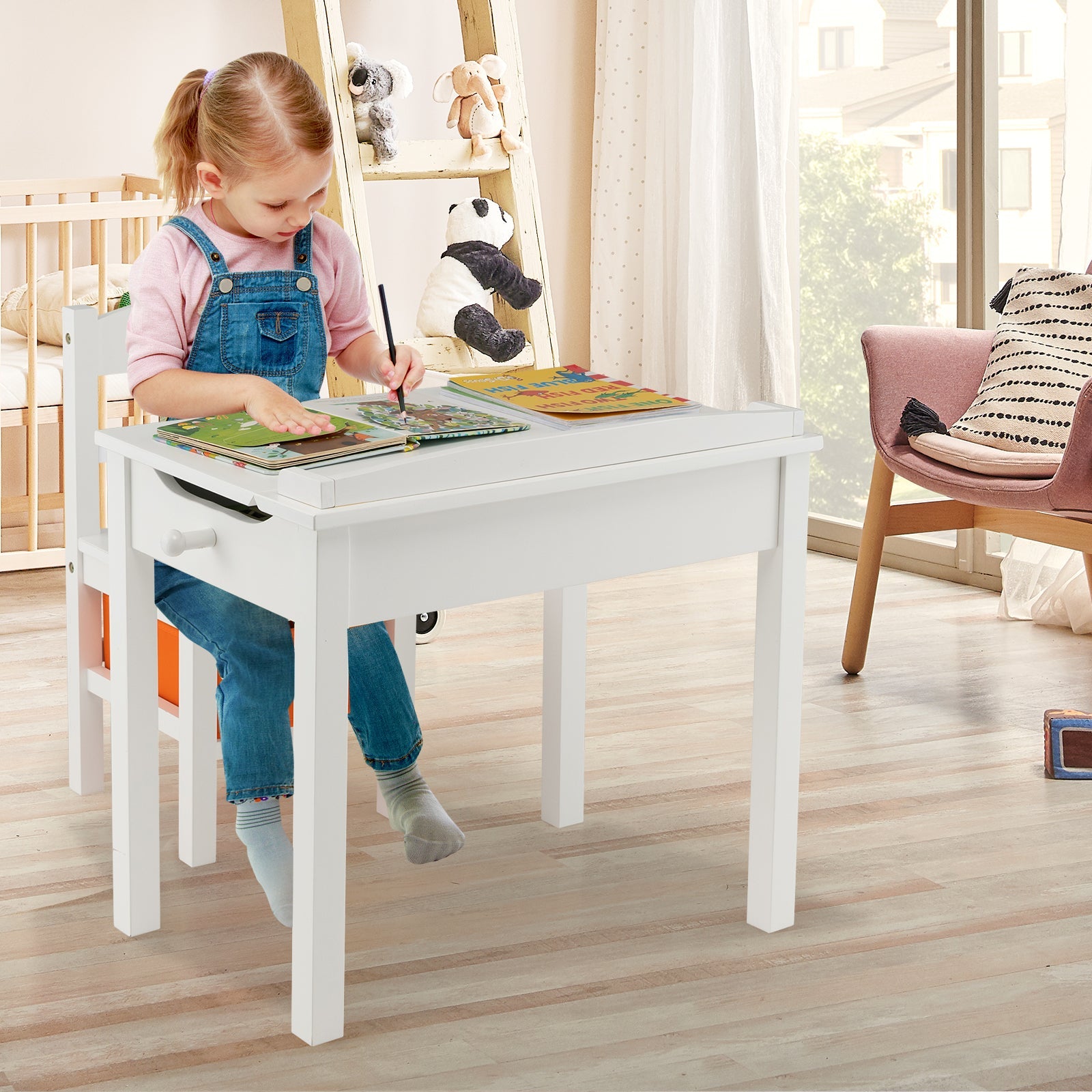 Wood Activity Kids Table and Chair Set with Storage Space-Brown