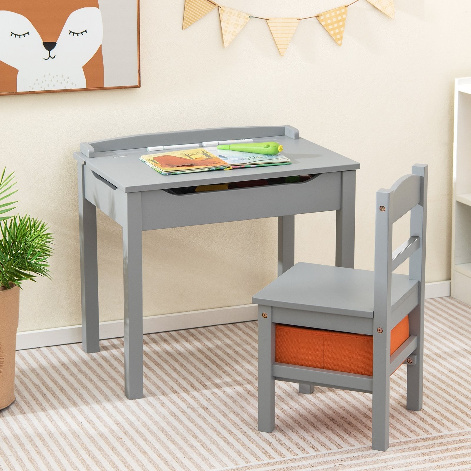 Wood Activity Kids Table and Chair Set with Storage Space-Brown