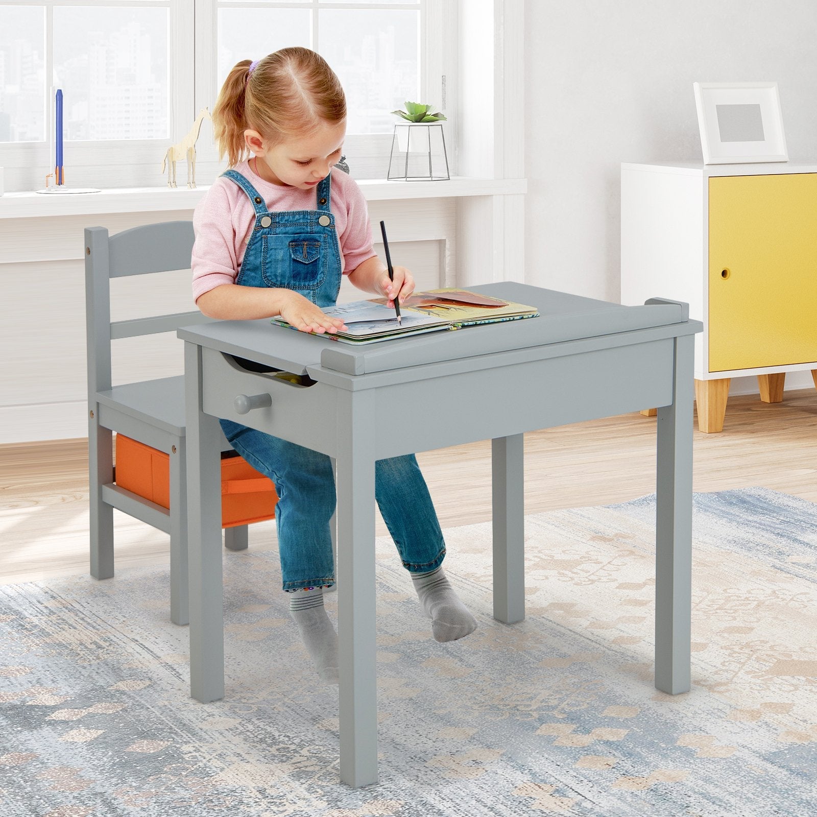 Wood Activity Kids Table and Chair Set with Storage Space-Brown