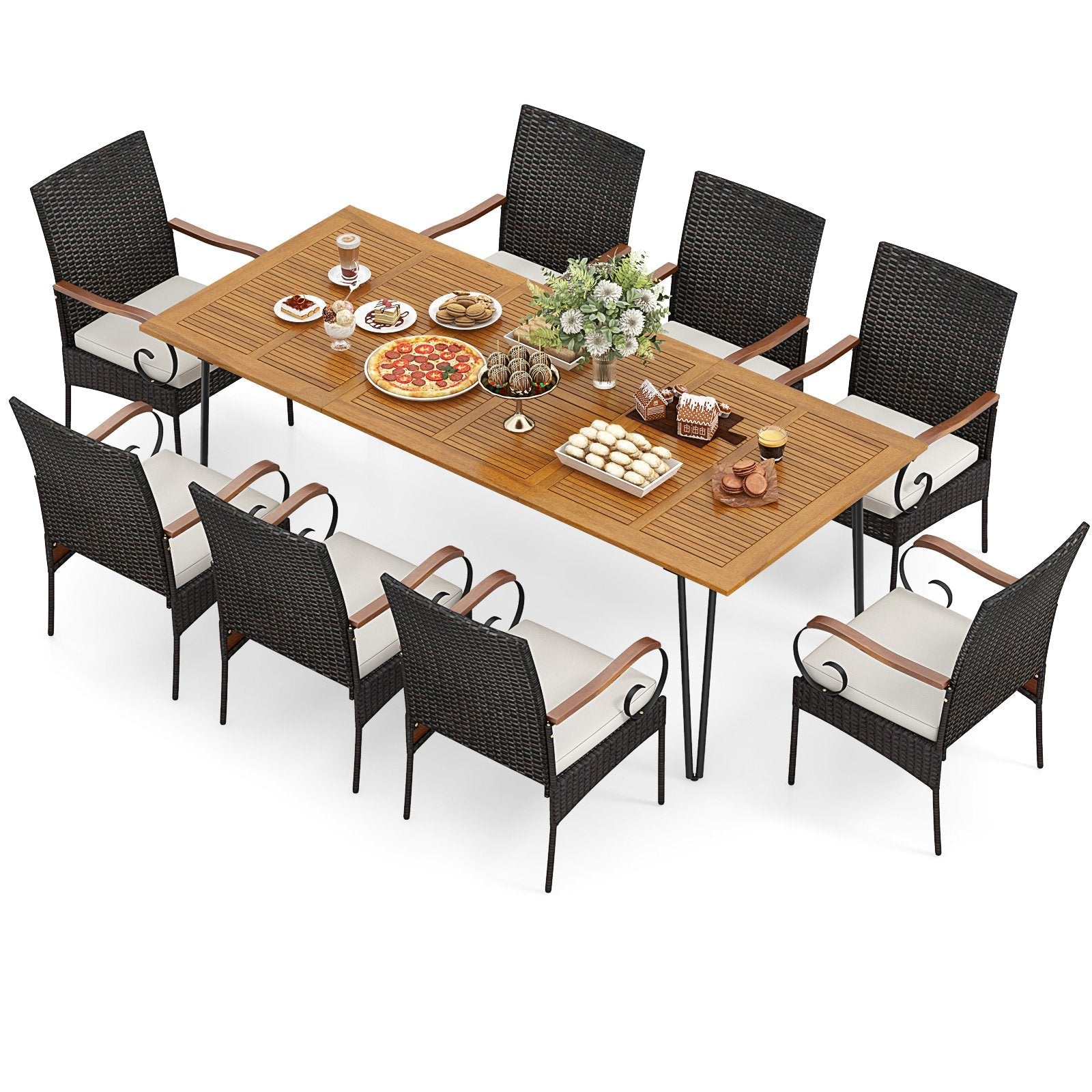 9 Pieces Outdoor Patio Dining Set with Soft Cushions and Umbrella Hole