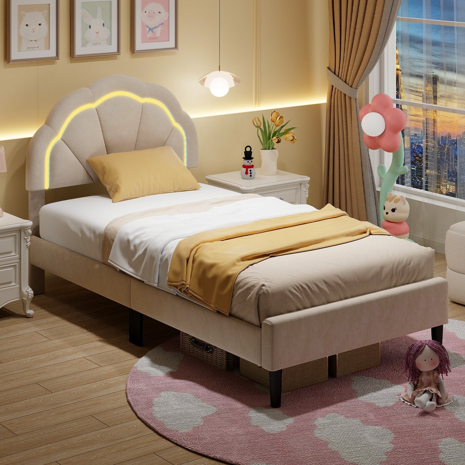 Upholstered LED Bed Frame with Adjustable Flower Headboard and Metal Support Feet-Queen Size
