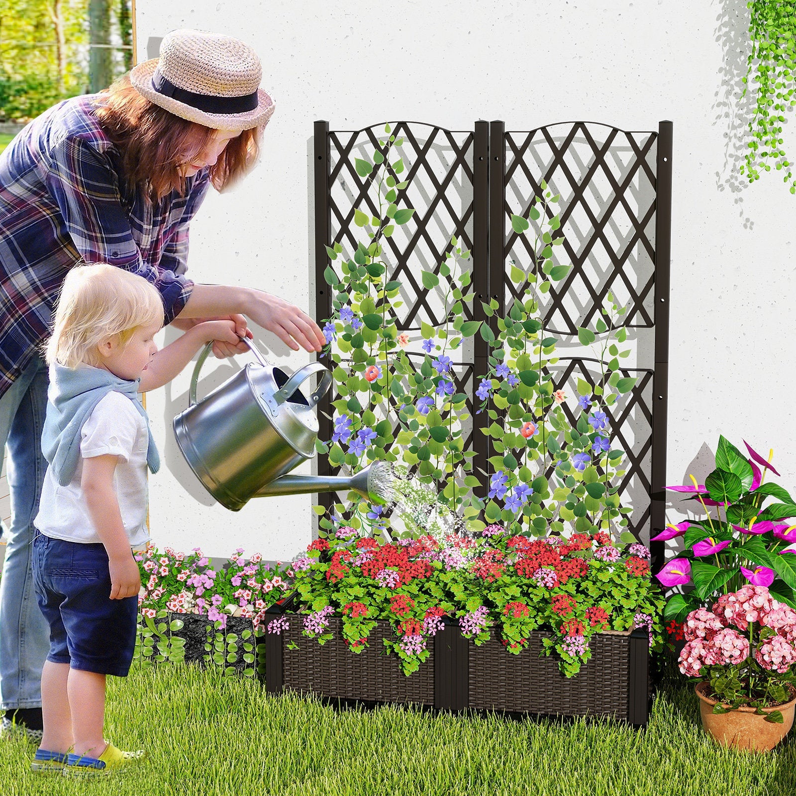 Raised Garden Bed with Trellis for Climbing Plants-Coffee