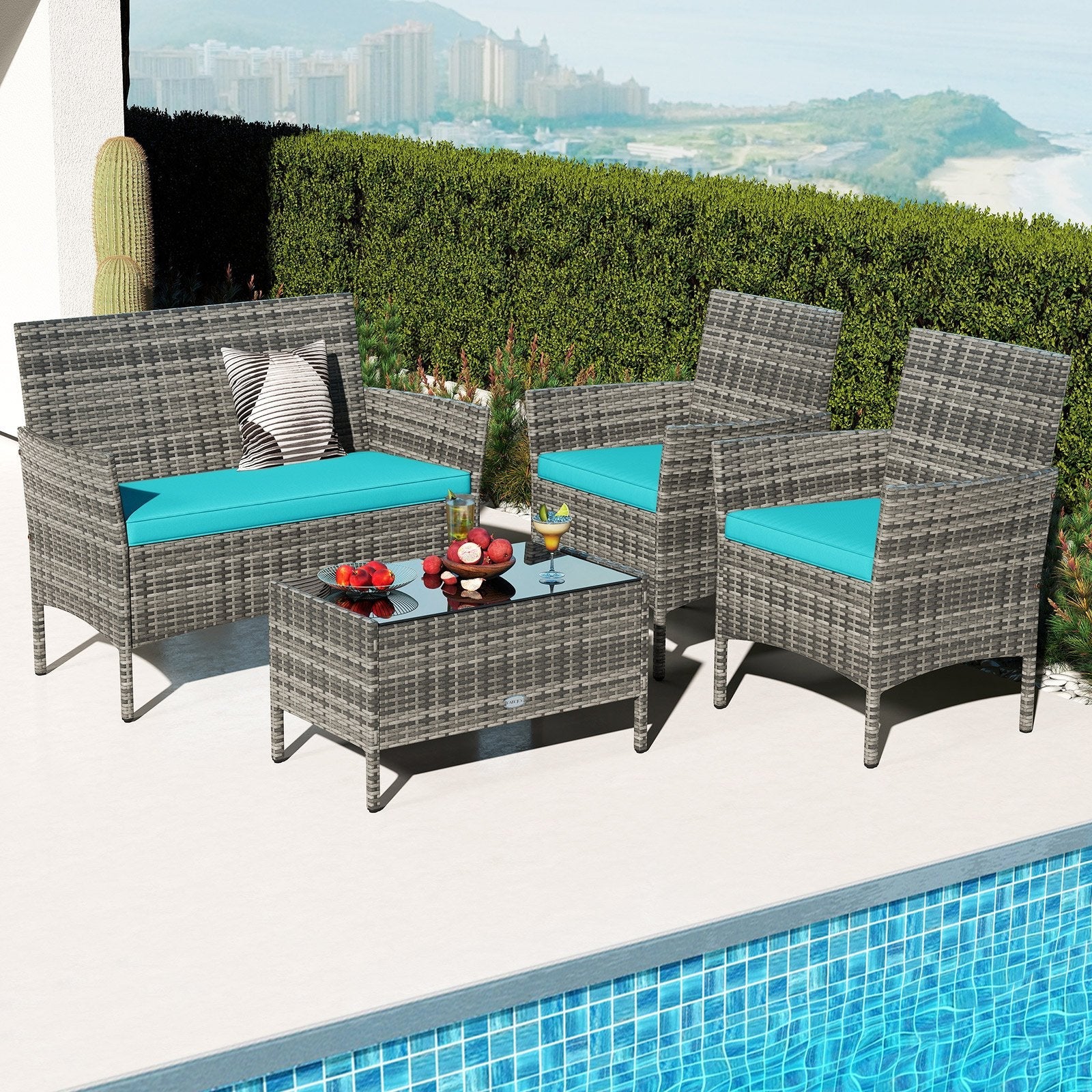 4 Pieces Patio Rattan Conversation Set with Tempered Glass Coffee Table-Beige