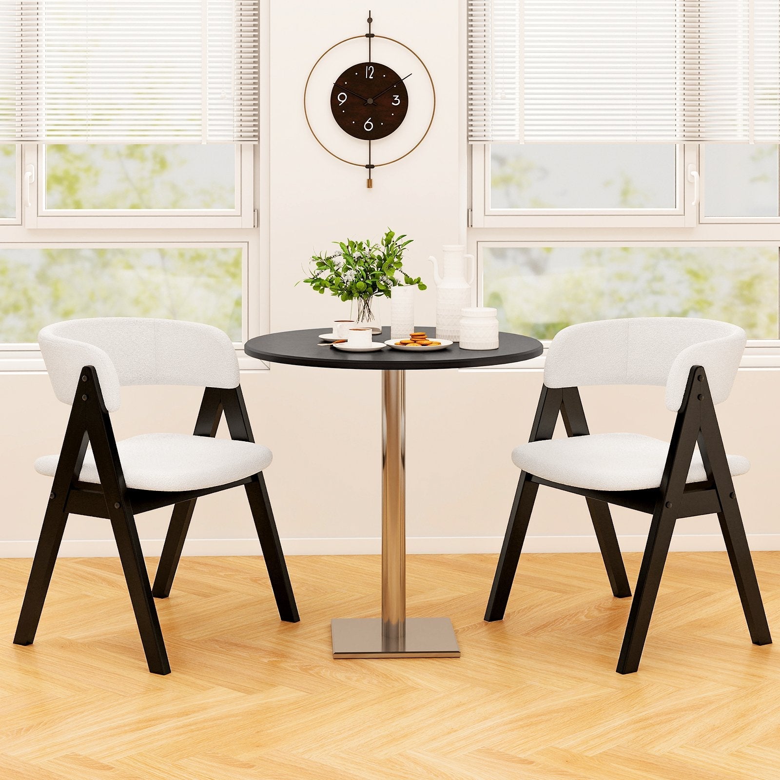 Wooden Dining Chair Set of 2 Mid-Century Modern Sherpa Upholstered Kitchen Dining Room Chairs-Black