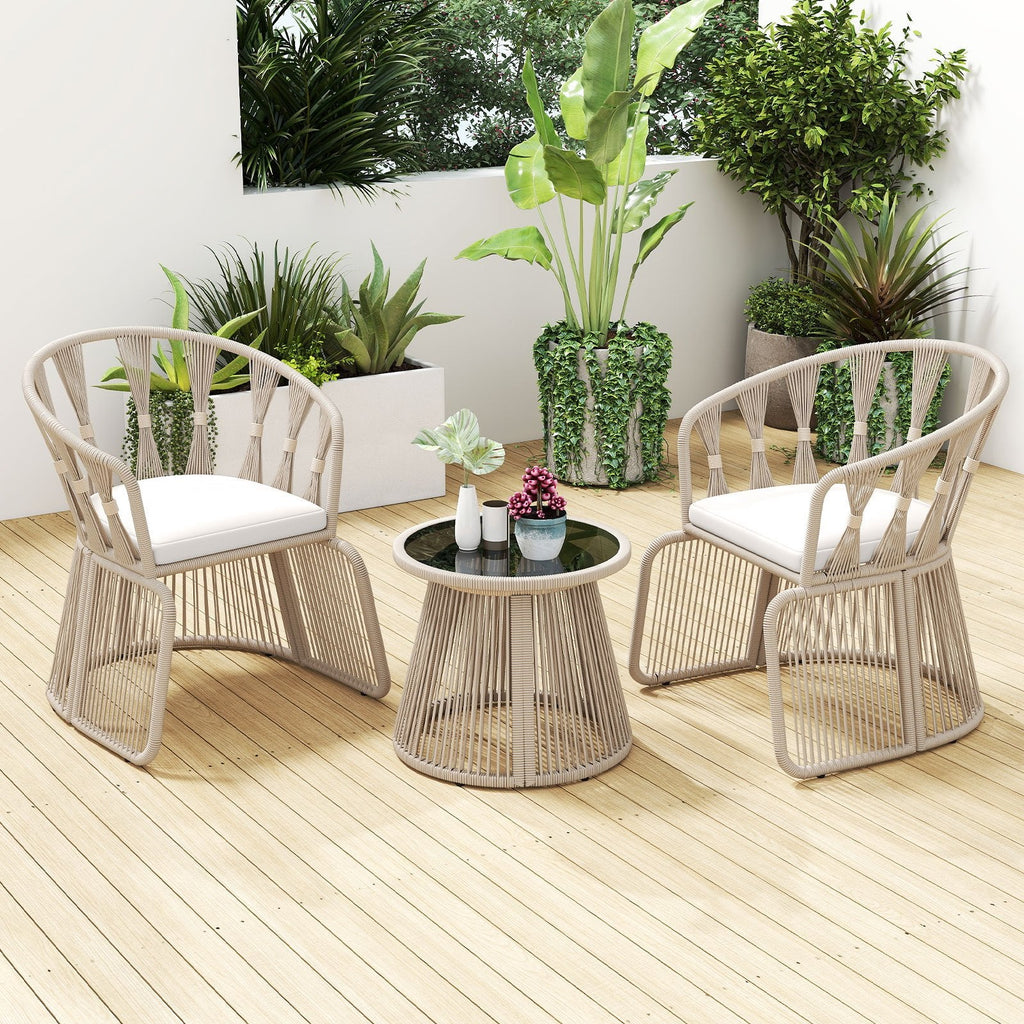 3 Pieces Patio Leisure Chair Set with Rope-Woven Armchairs and Seat Cushions-Off White