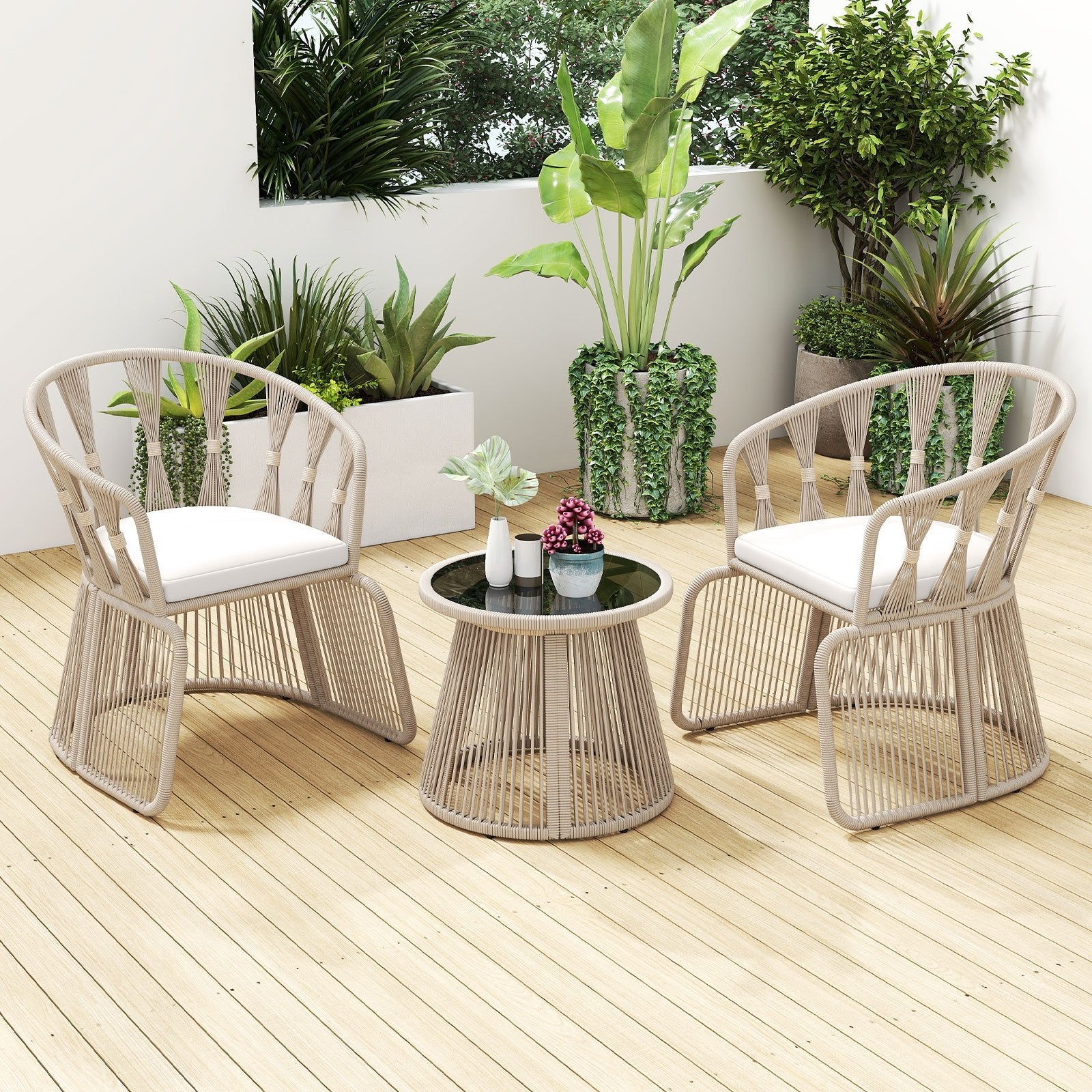 3 Pieces Patio Leisure Chair Set with Rope-Woven Armchairs and Seat Cushions-Off White