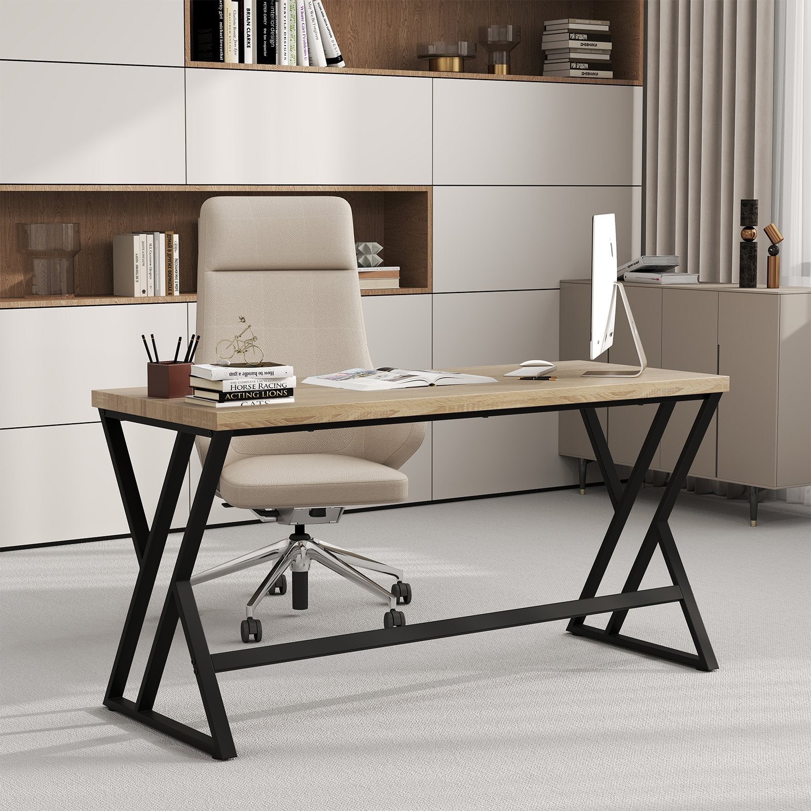 59 Inch Computer Desk with Heavy-duty Metal Frame and Crossbar-Gray