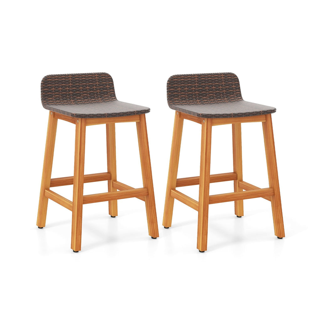 Solid Acacia Wood Bar Stools Set of 2 with Backrests and Footrests for Porch-Brown